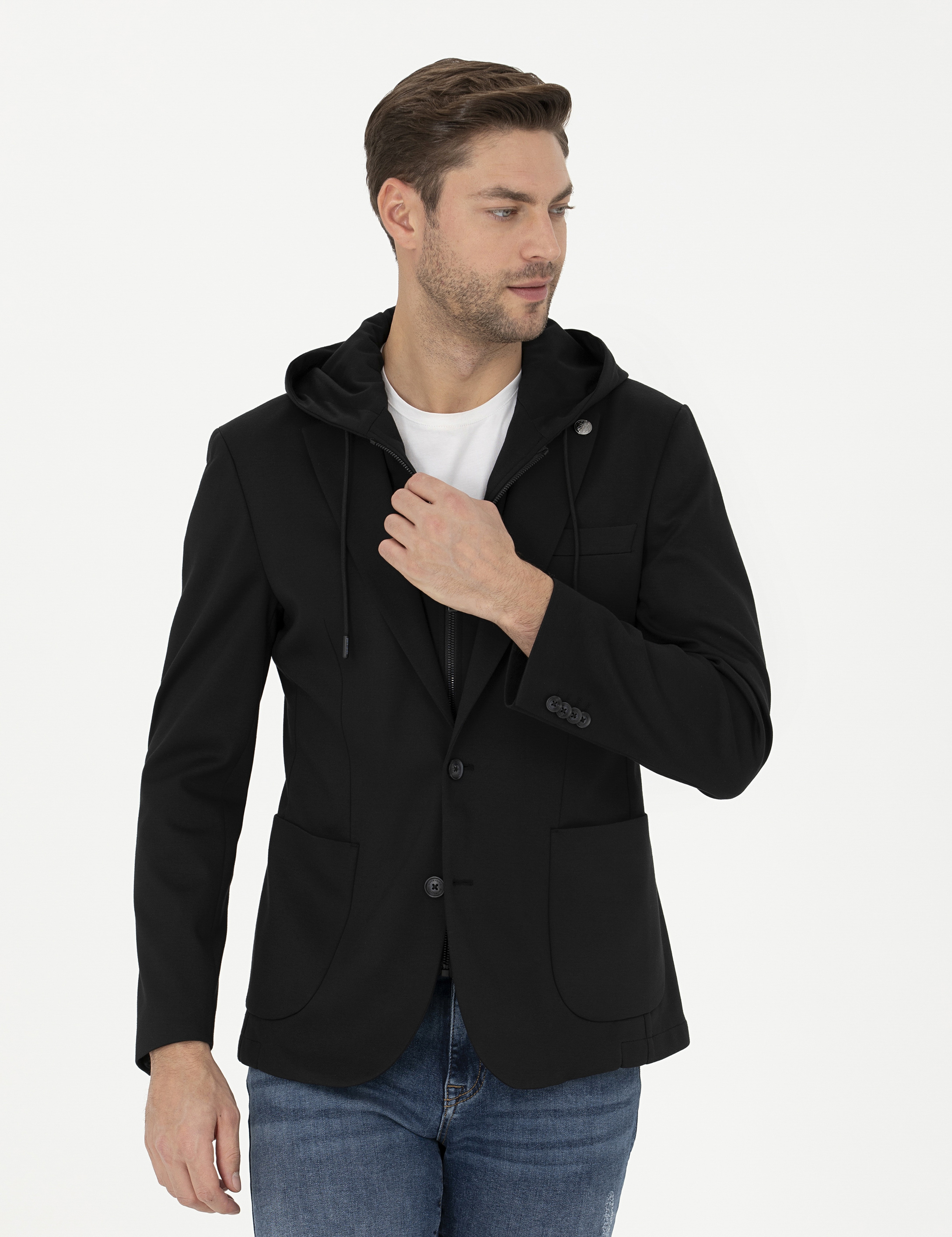 Siyah Slim Fit Kapüşonlu Ceket