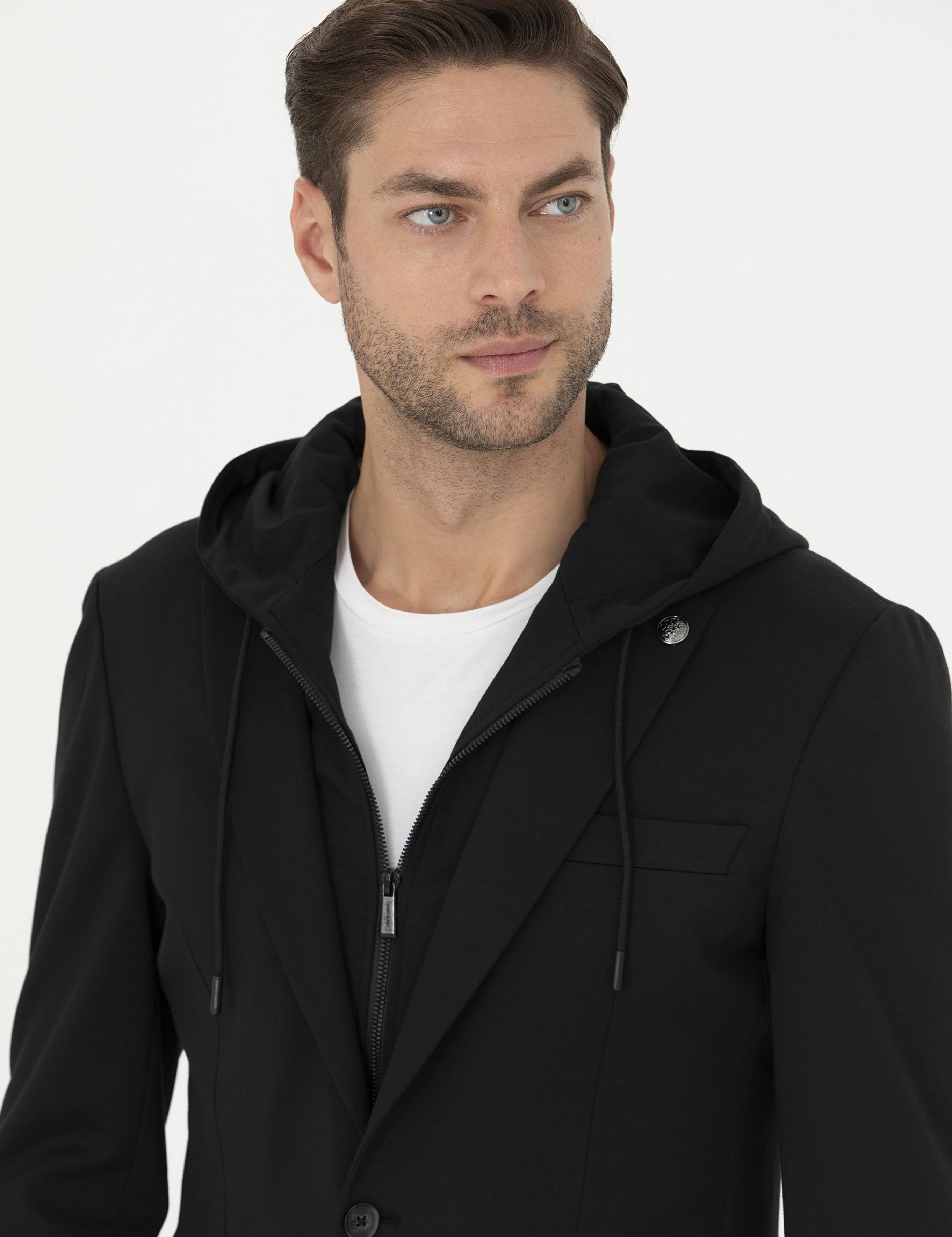 Siyah Slim Fit Kapüşonlu Ceket