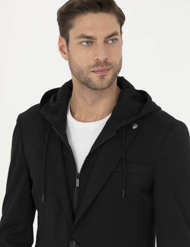 Siyah Slim Fit Kapüşonlu Ceket
