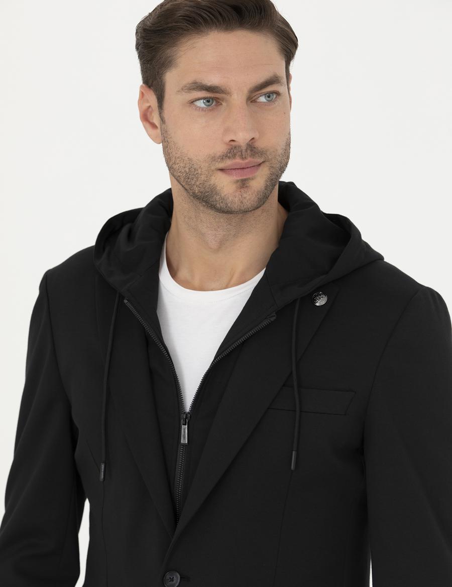 Siyah Slim Fit Kapüşonlu Ceket