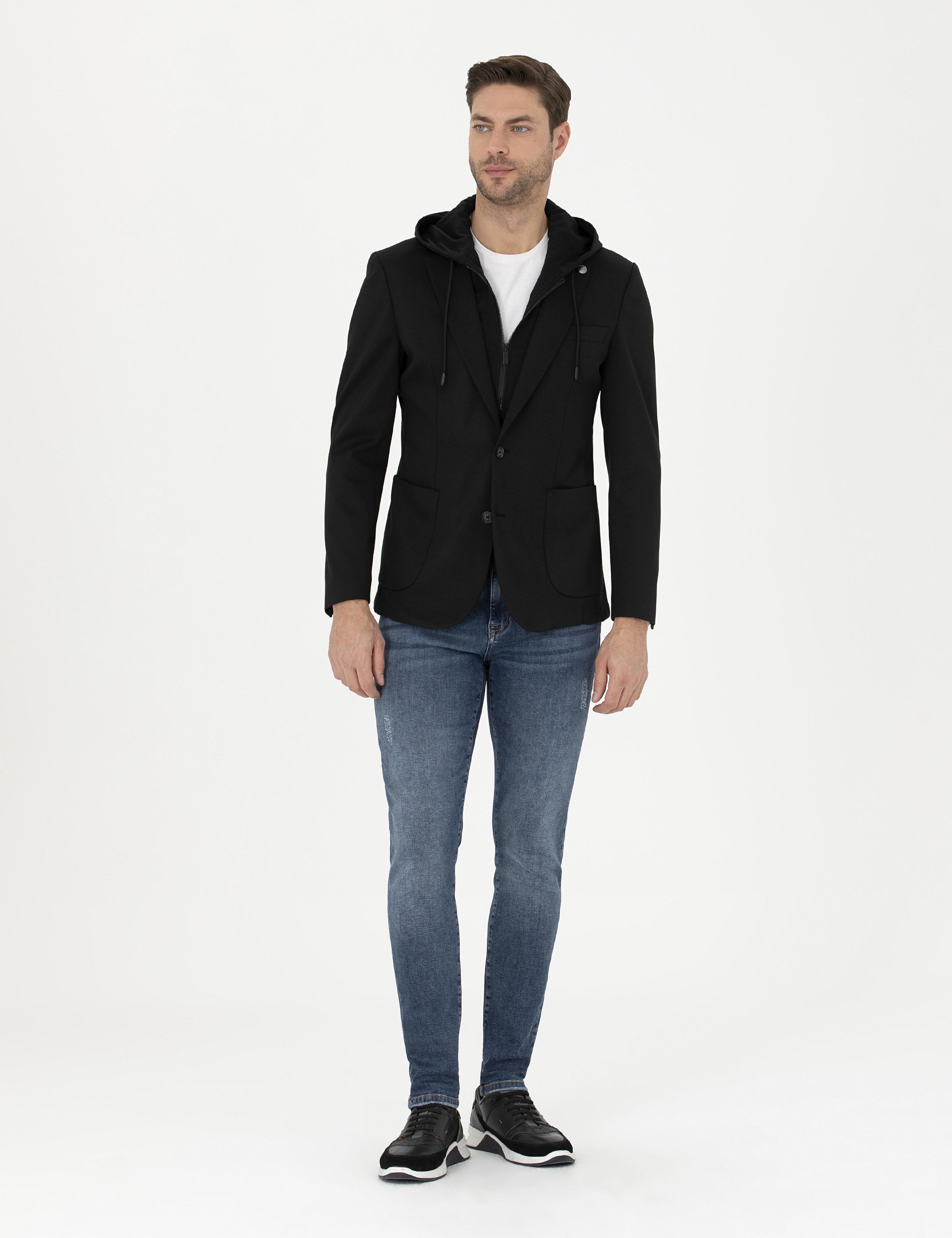 Siyah Slim Fit Kapüşonlu Ceket