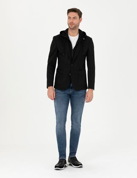 Siyah Slim Fit Kapüşonlu Ceket - 50287480005