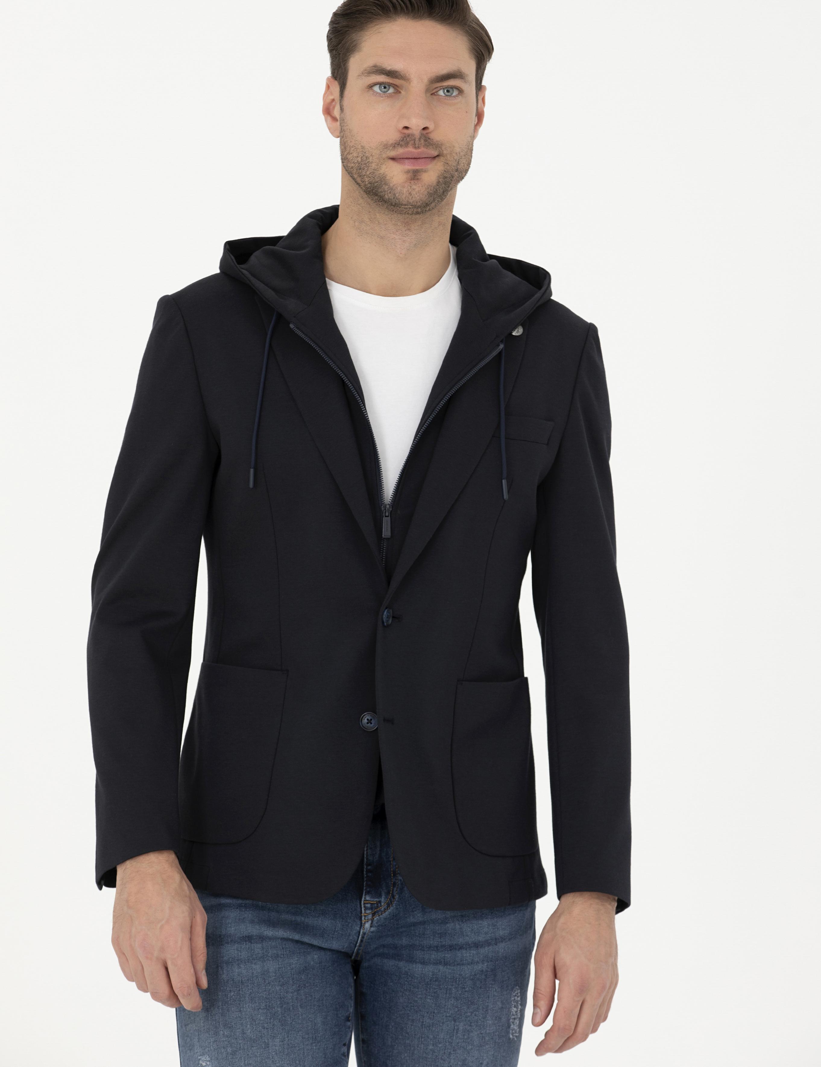 Lacivert Slim Fit  Kapüşonlu Ceket