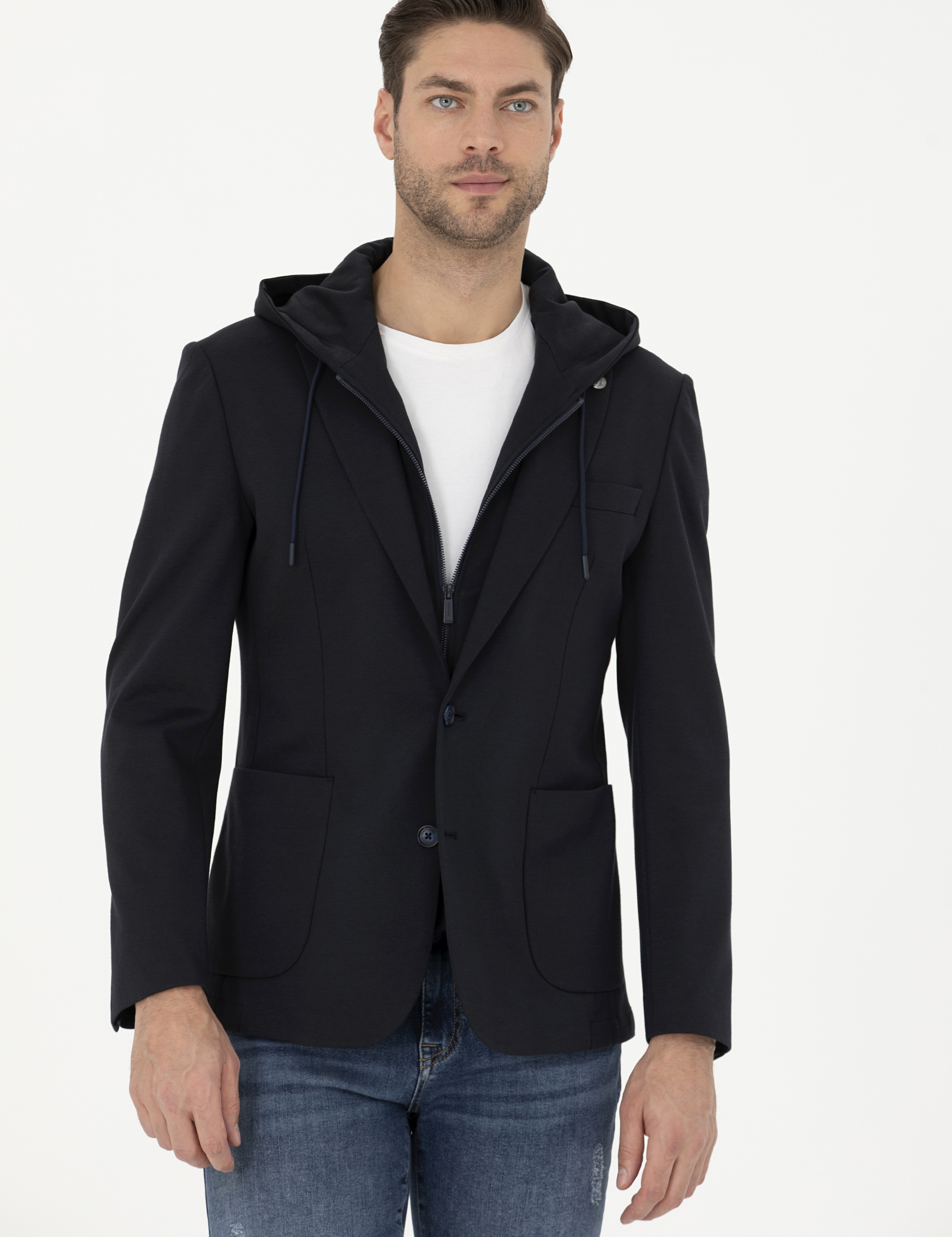 Lacivert Slim Fit  Kapüşonlu Ceket - Image 3