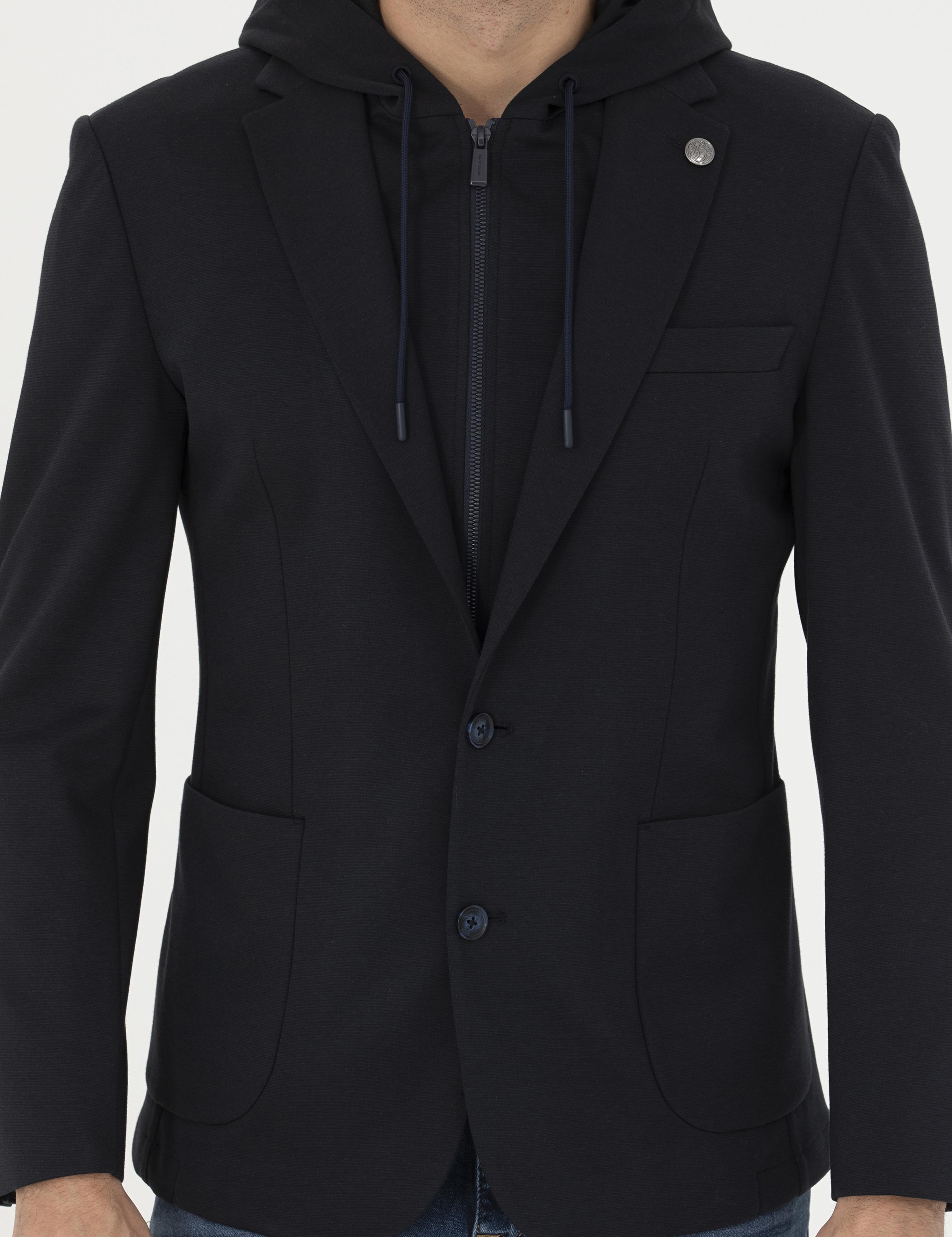 Lacivert Slim Fit  Kapüşonlu Ceket