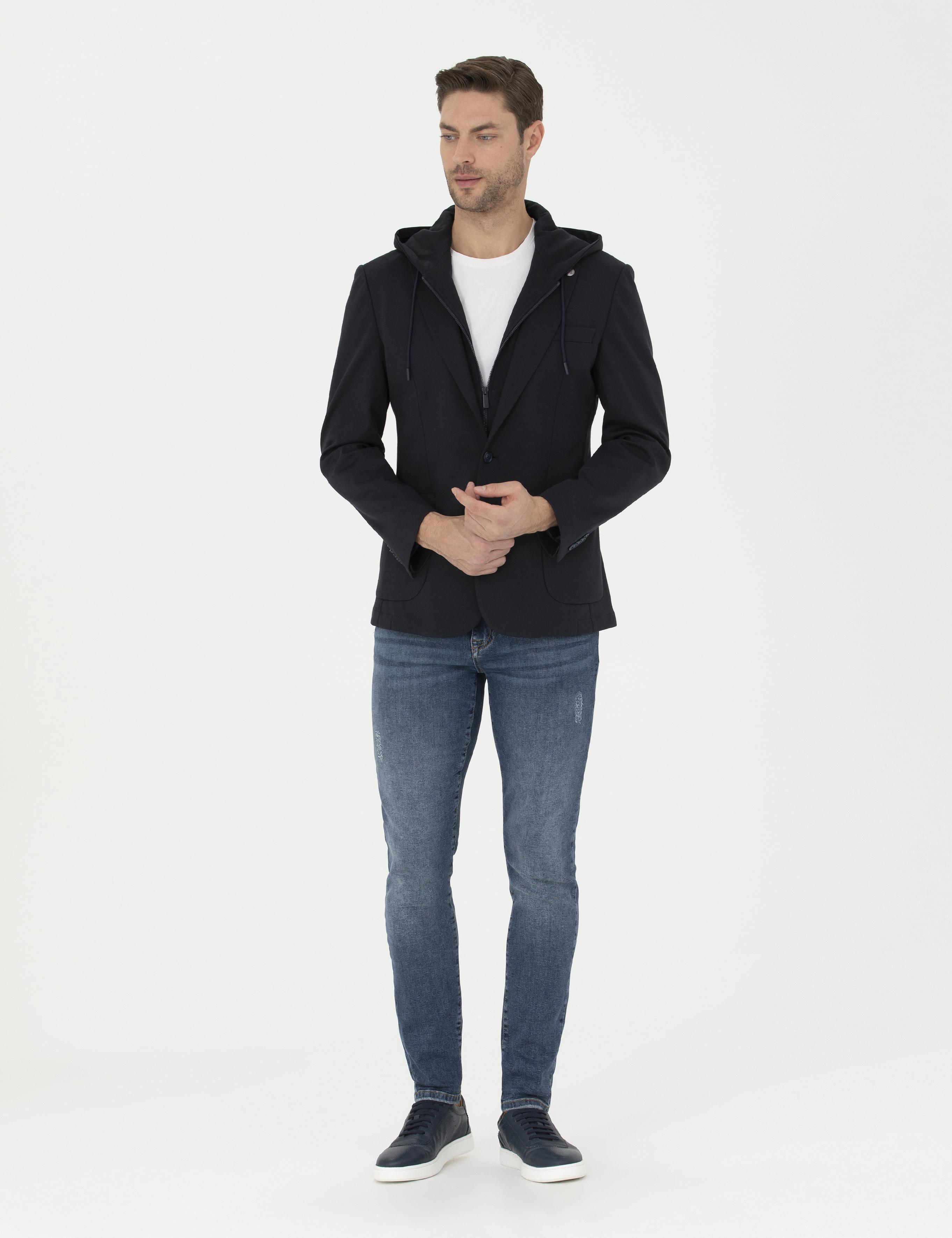 Lacivert Slim Fit  Kapüşonlu Ceket