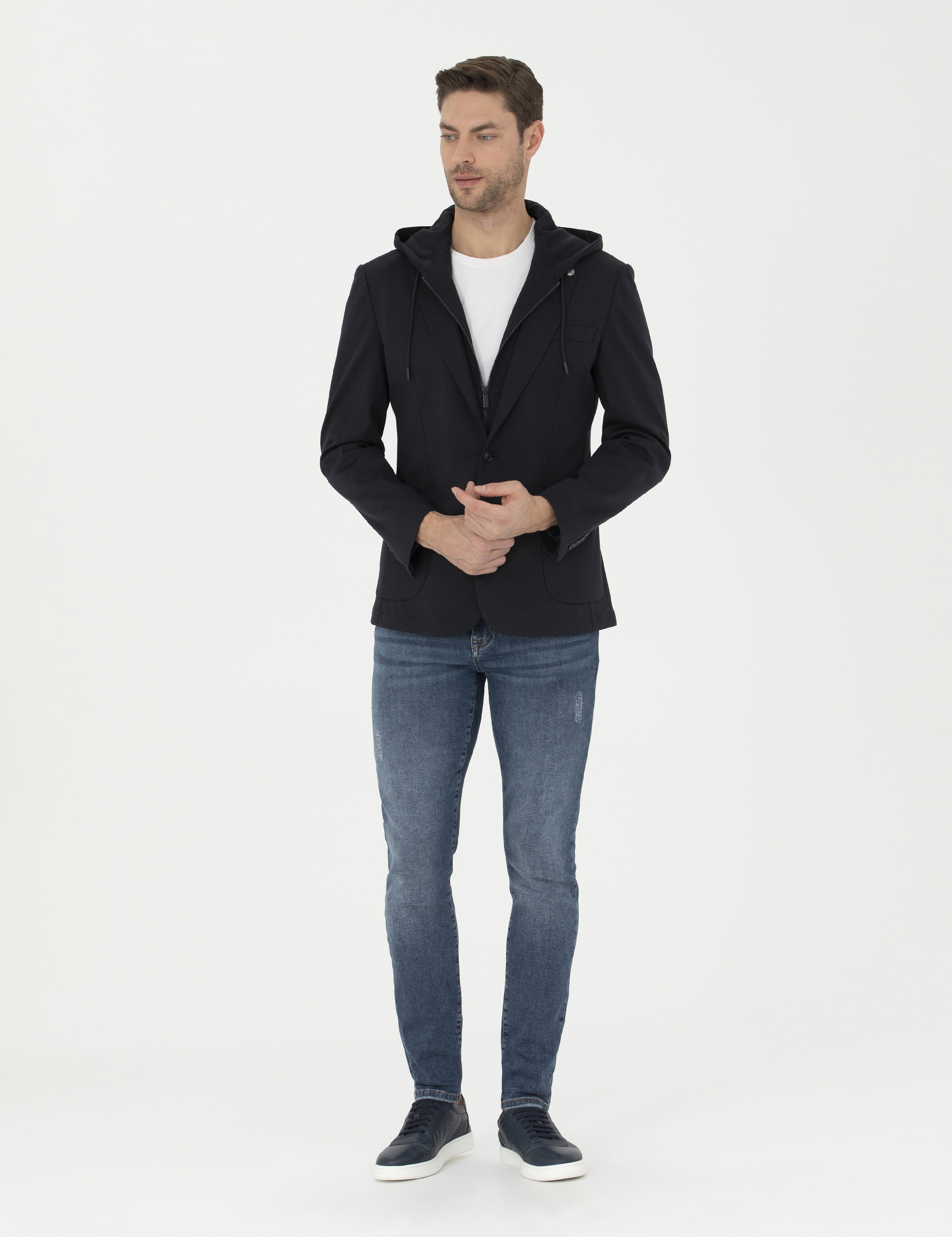 Lacivert Slim Fit  Kapüşonlu Ceket - Image 4