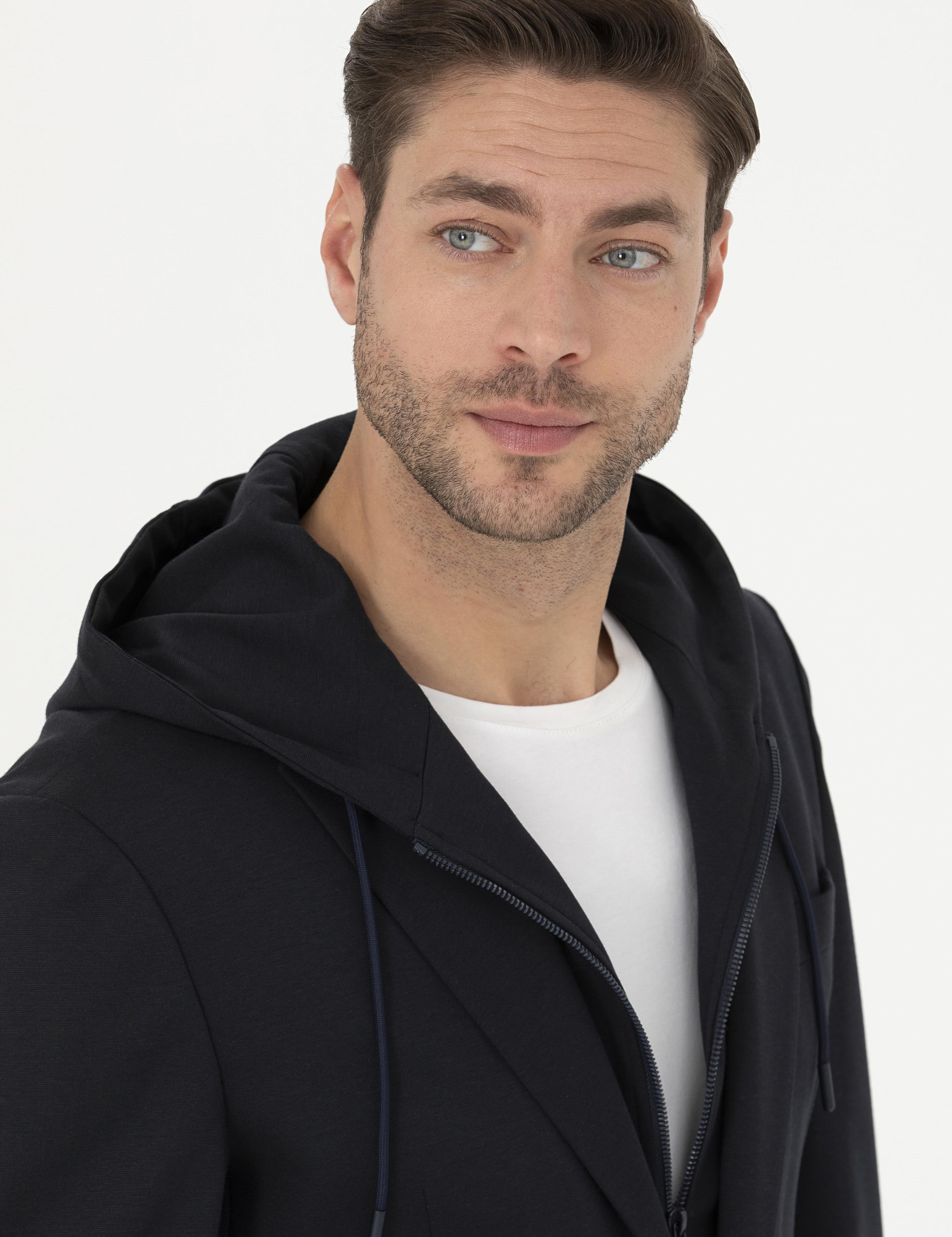 Lacivert Slim Fit  Kapüşonlu Ceket