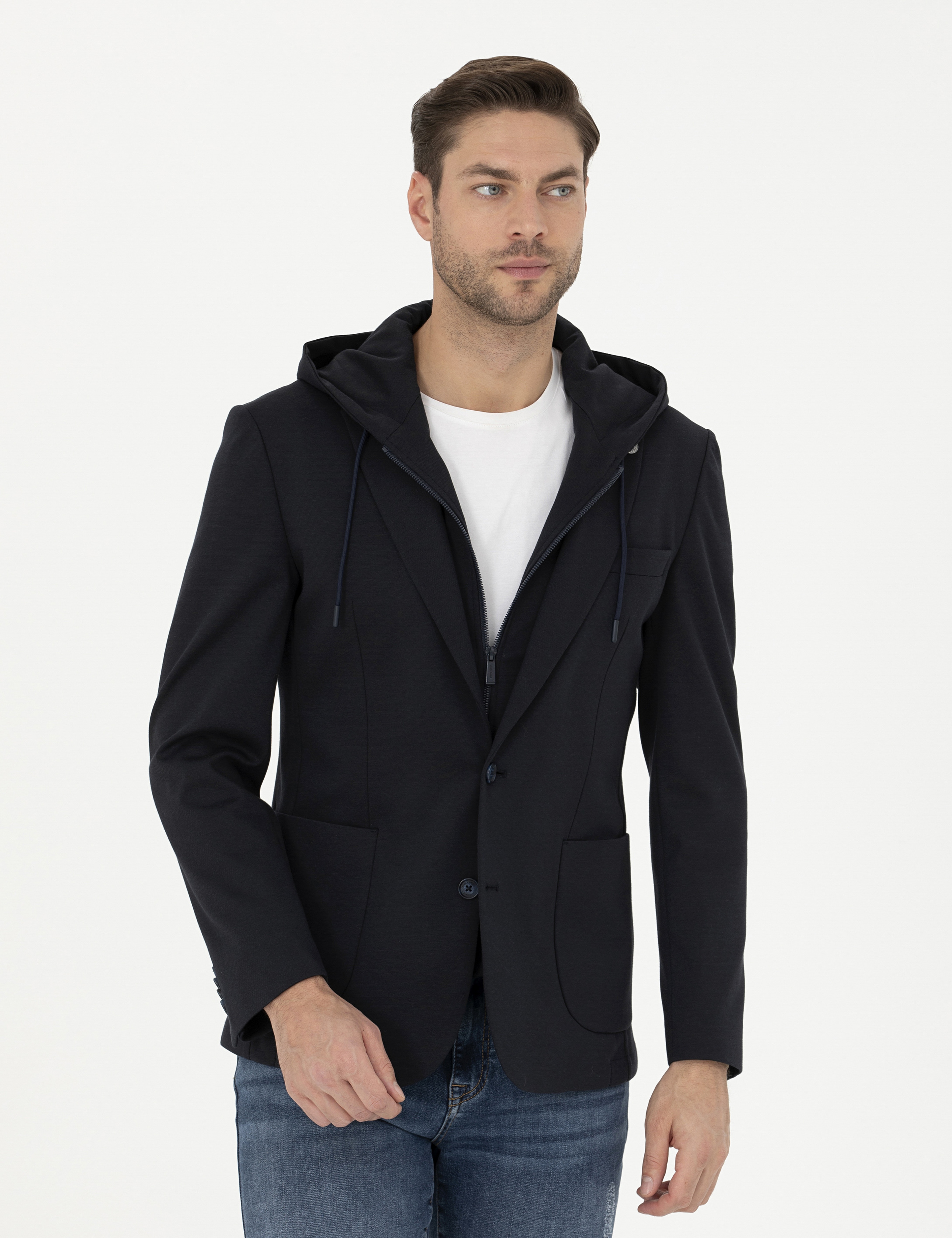 Lacivert Slim Fit  Kapüşonlu Ceket - Image 1