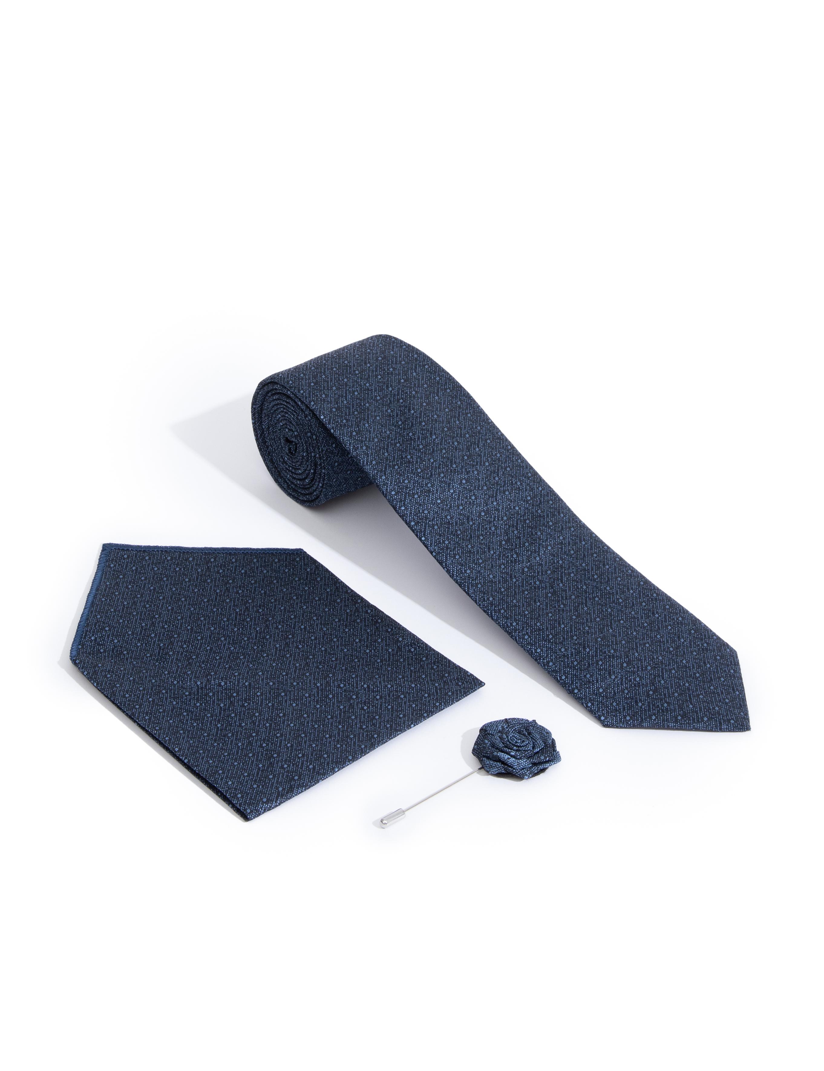 Lacivert 3'lü Kravat-Mendil-Kravat İğnesi Set