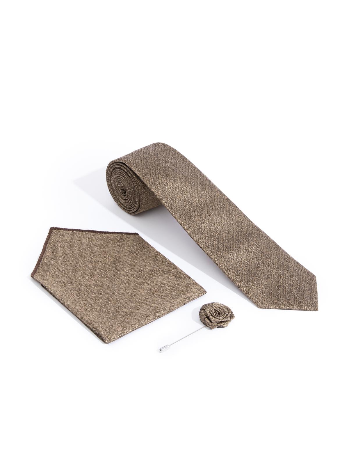 Bej 3'lü Kravat-Mendil-Kravat İğnesi Set