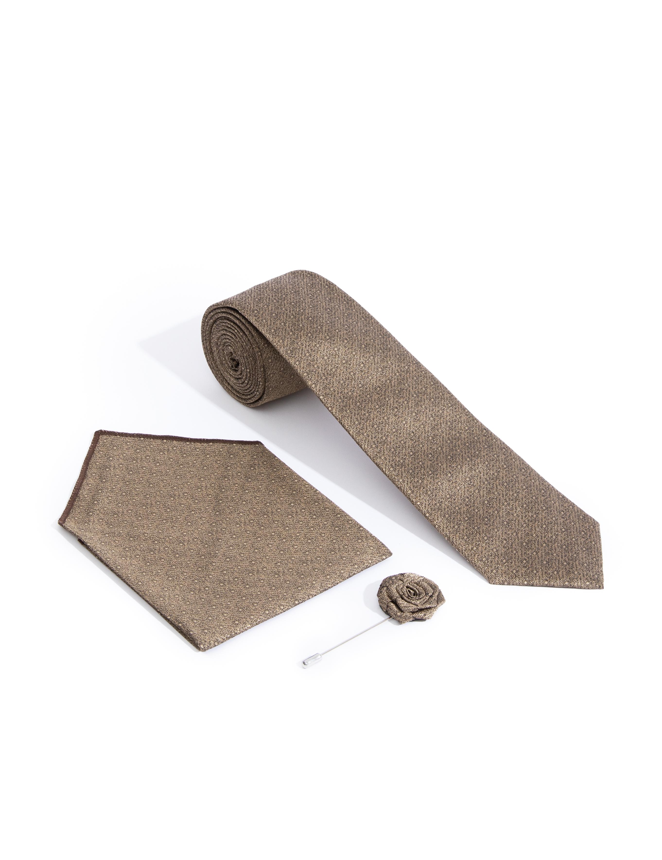 Bej 3'lü Kravat-Mendil-Kravat İğnesi Set