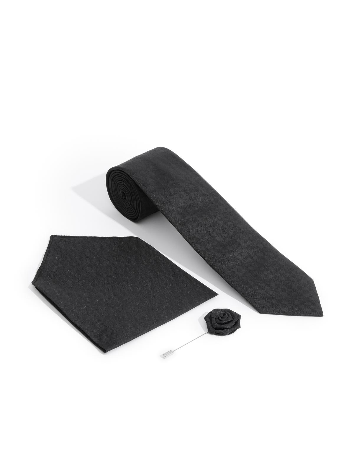 Siyah 3'lü Kravat-Mendil-Kravat İğnesi Set