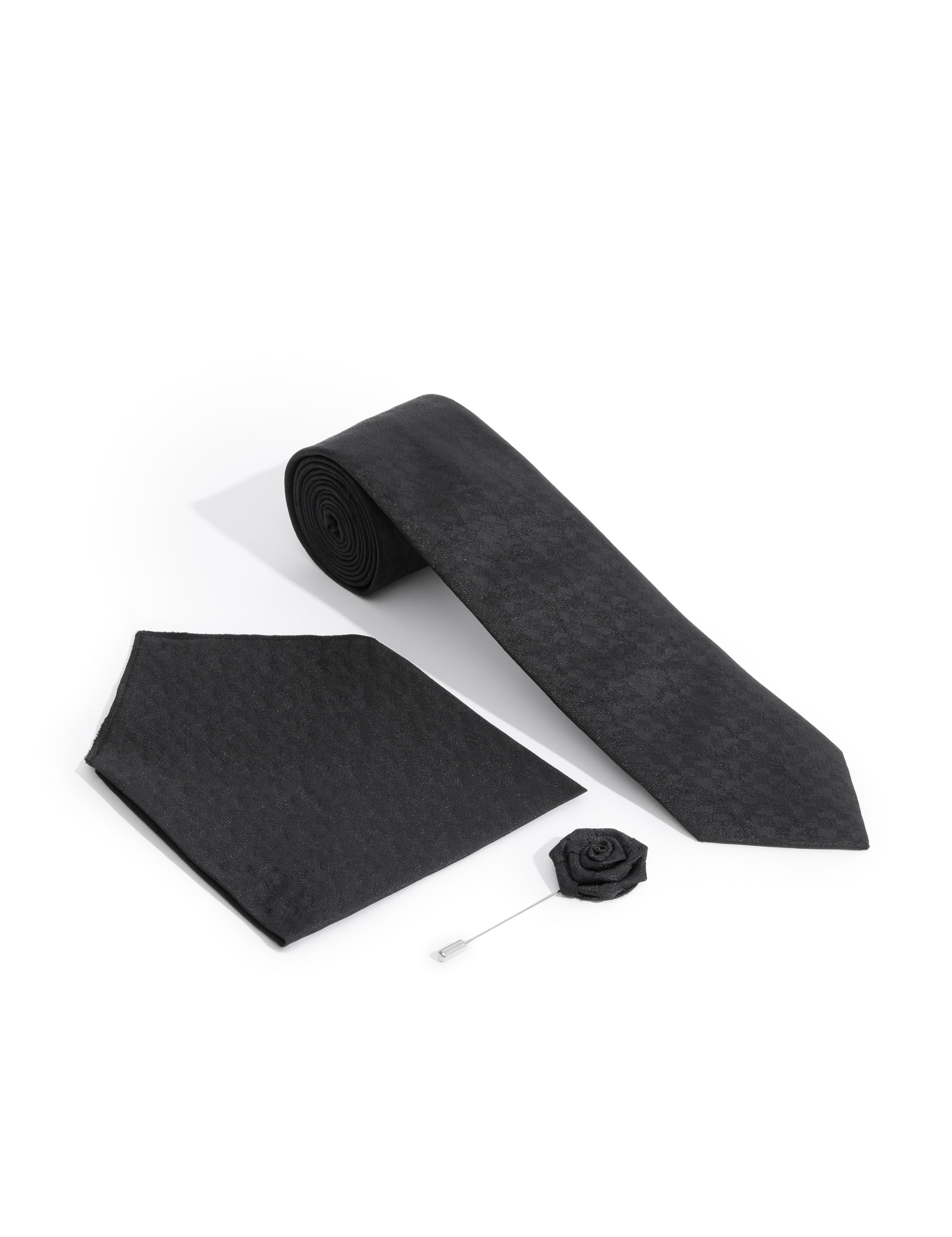 Siyah 3'lü Kravat-Mendil-Kravat İğnesi Set