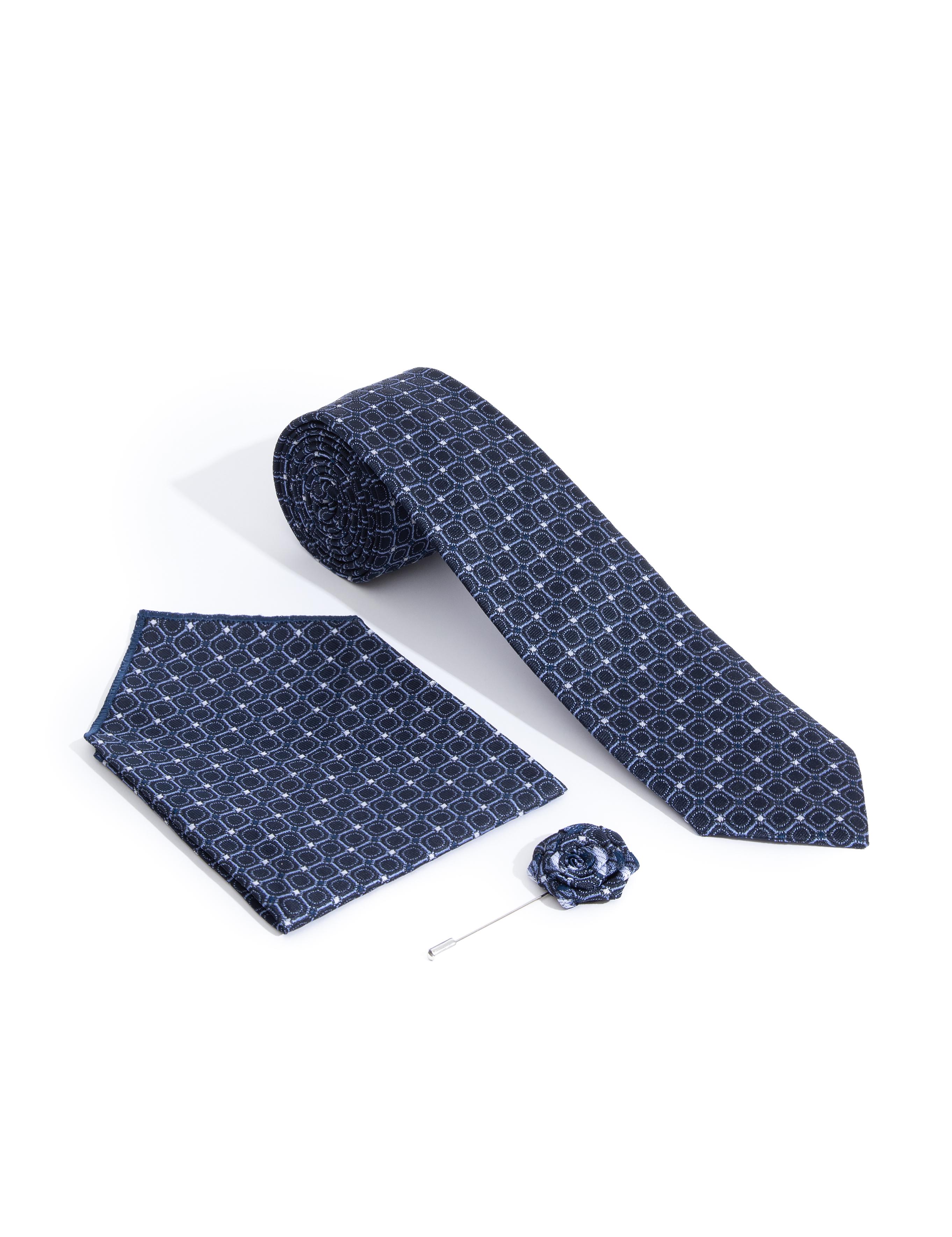 Lacivert 3'lü Kravat-Mendil-Kravat İğnesi Set