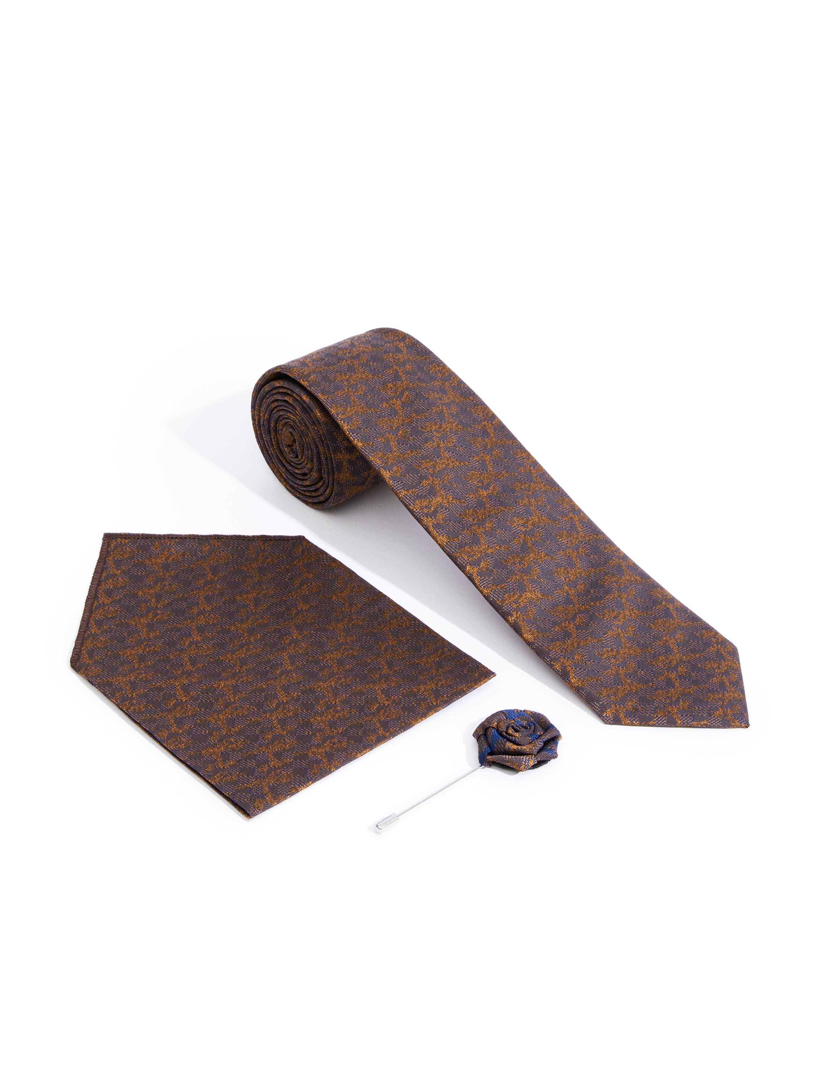 Turuncu 3'lü Kravat-Mendil-Kravat İğnesi Set