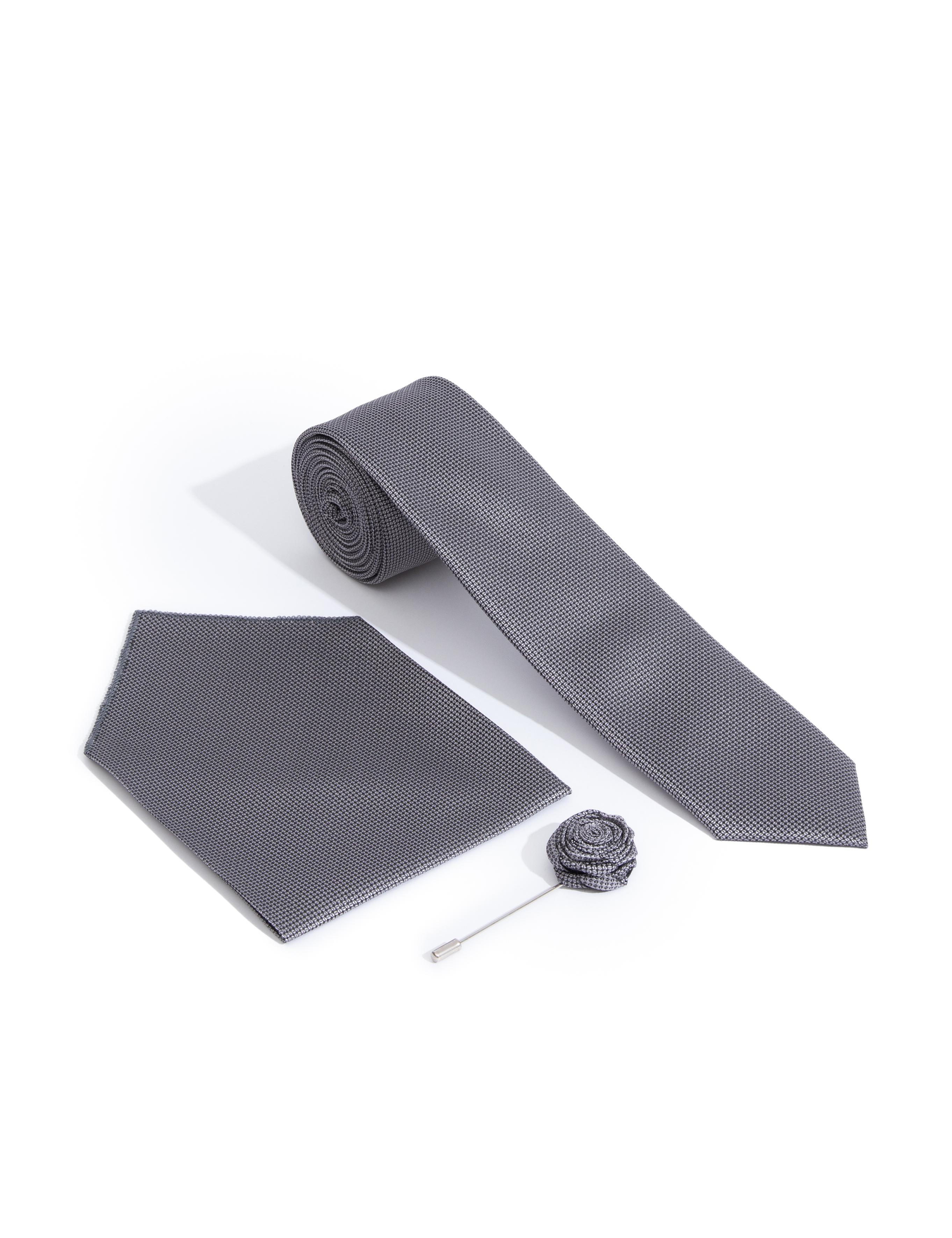 Gri 3'lü Kravat-Mendil-Kravat İğnesi Set