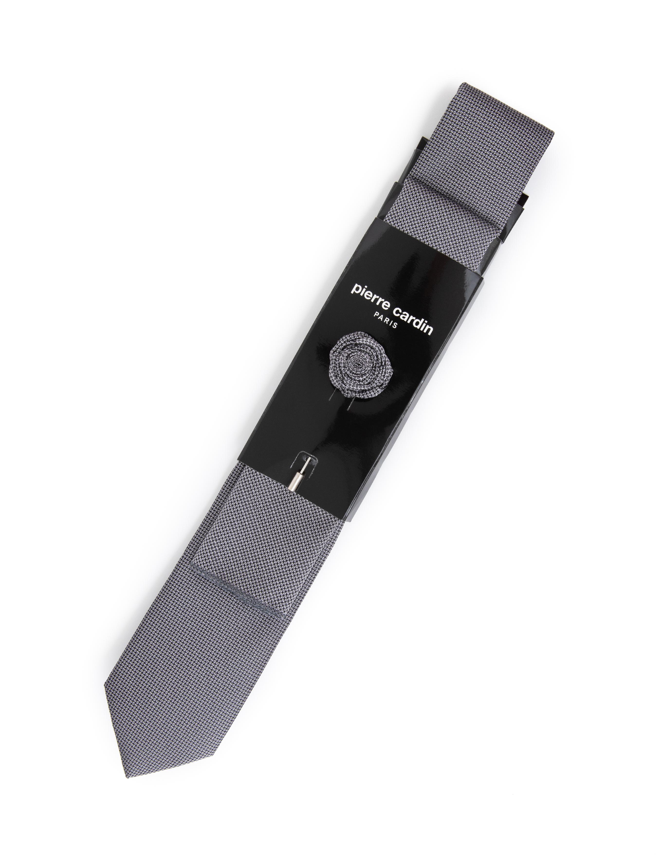 Gri 3'lü Kravat-Mendil-Kravat İğnesi Set