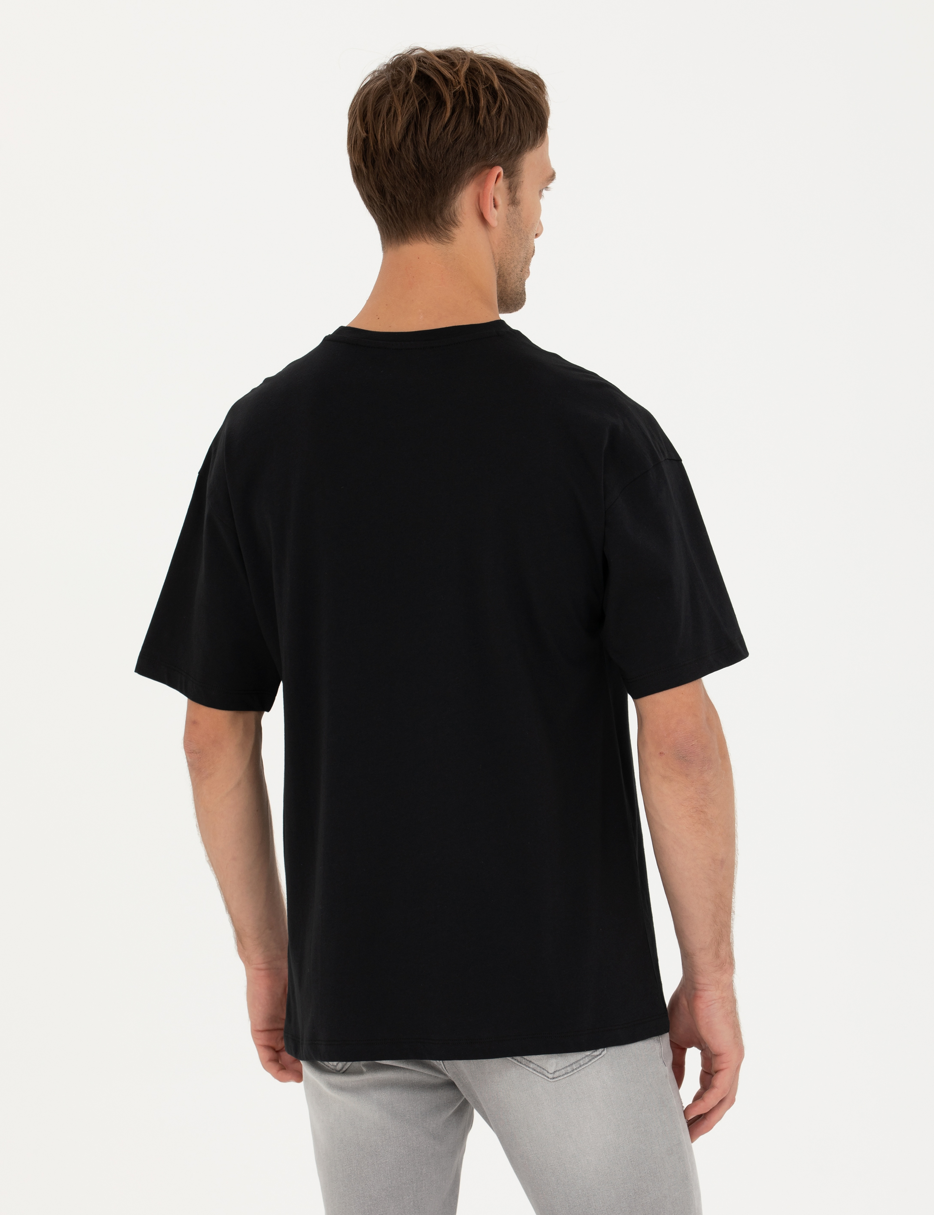 Siyah Comfort Fit %100 Pamuk Bisiklet Yaka Tişört