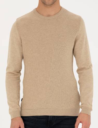 Bej Slim Fit Bisiklet Yaka Triko Kazak