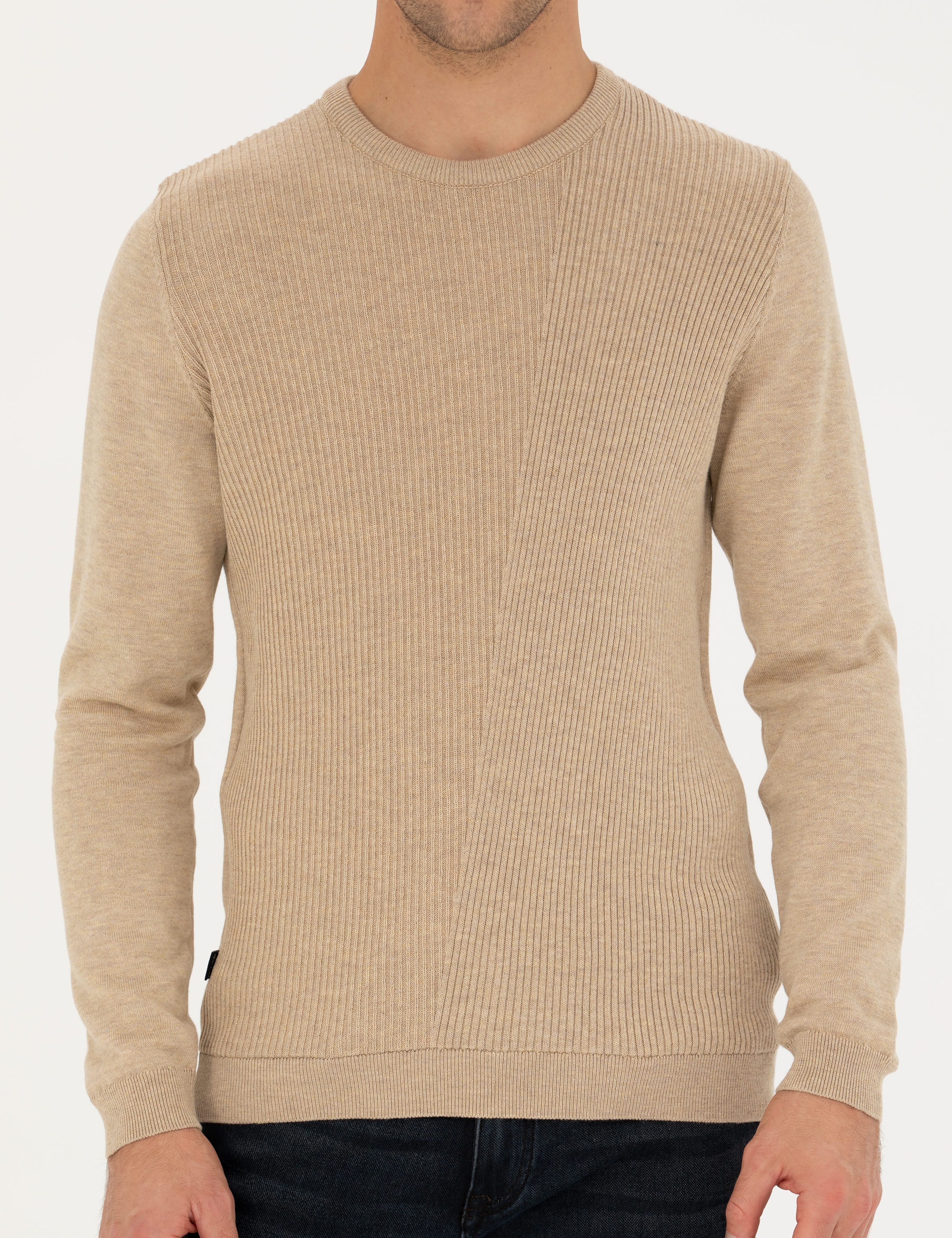 Bej Slim Fit Bisiklet Yaka Triko Kazak - Image 6