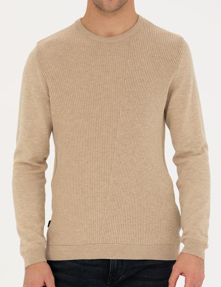 Bej Slim Fit Bisiklet Yaka Triko Kazak - 50281823016