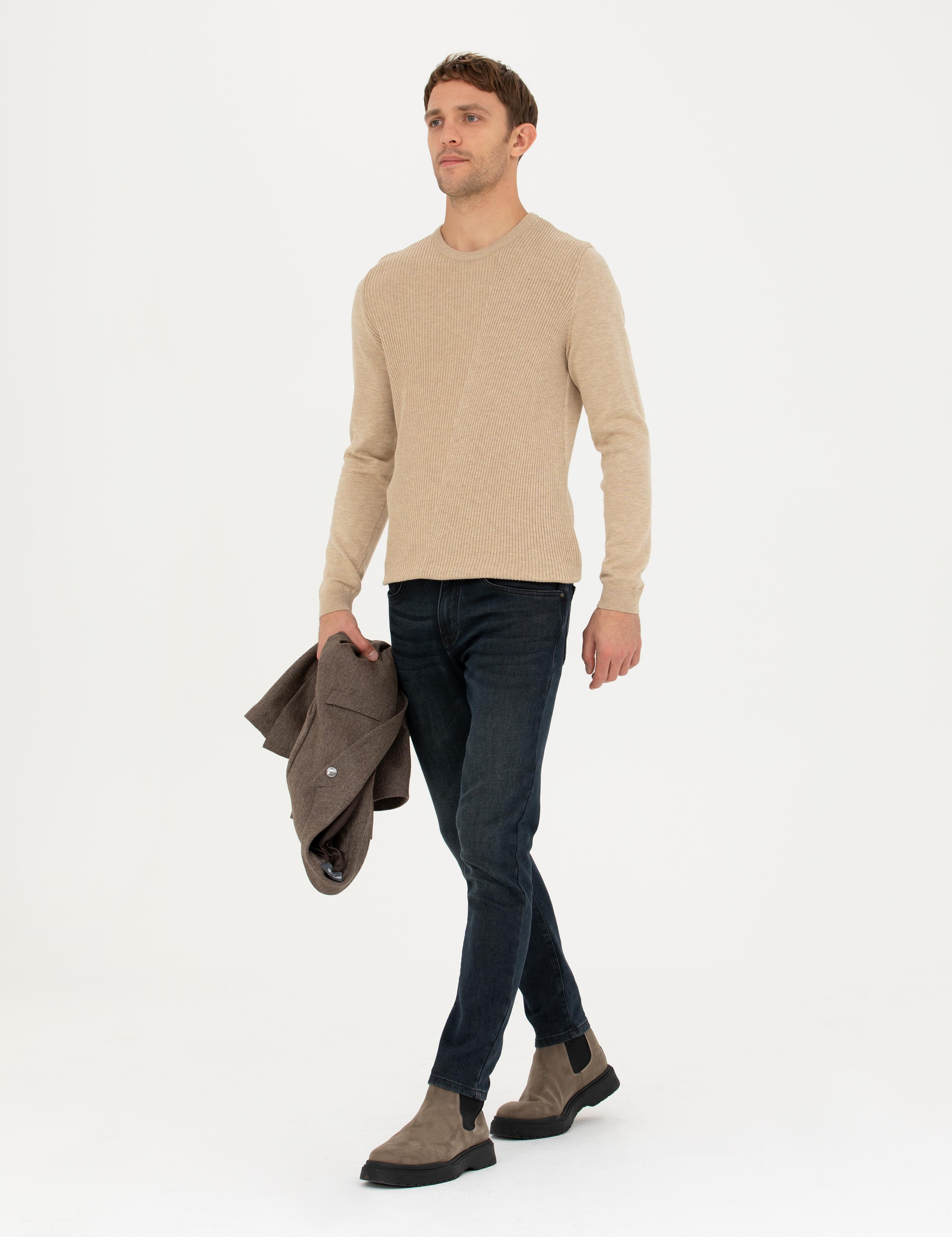 Bej Slim Fit Bisiklet Yaka Triko Kazak