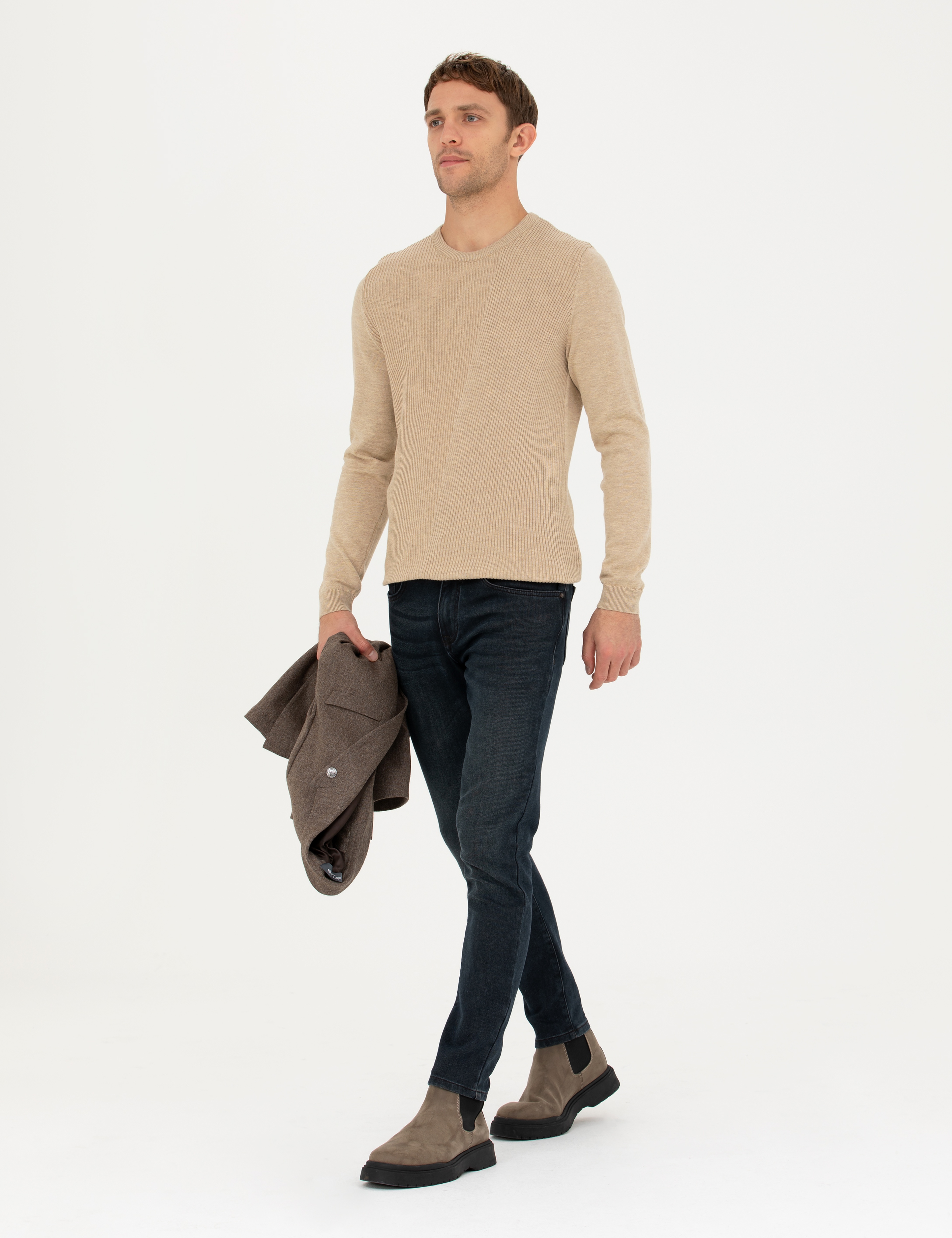 Bej Slim Fit Bisiklet Yaka Triko Kazak - Image 4