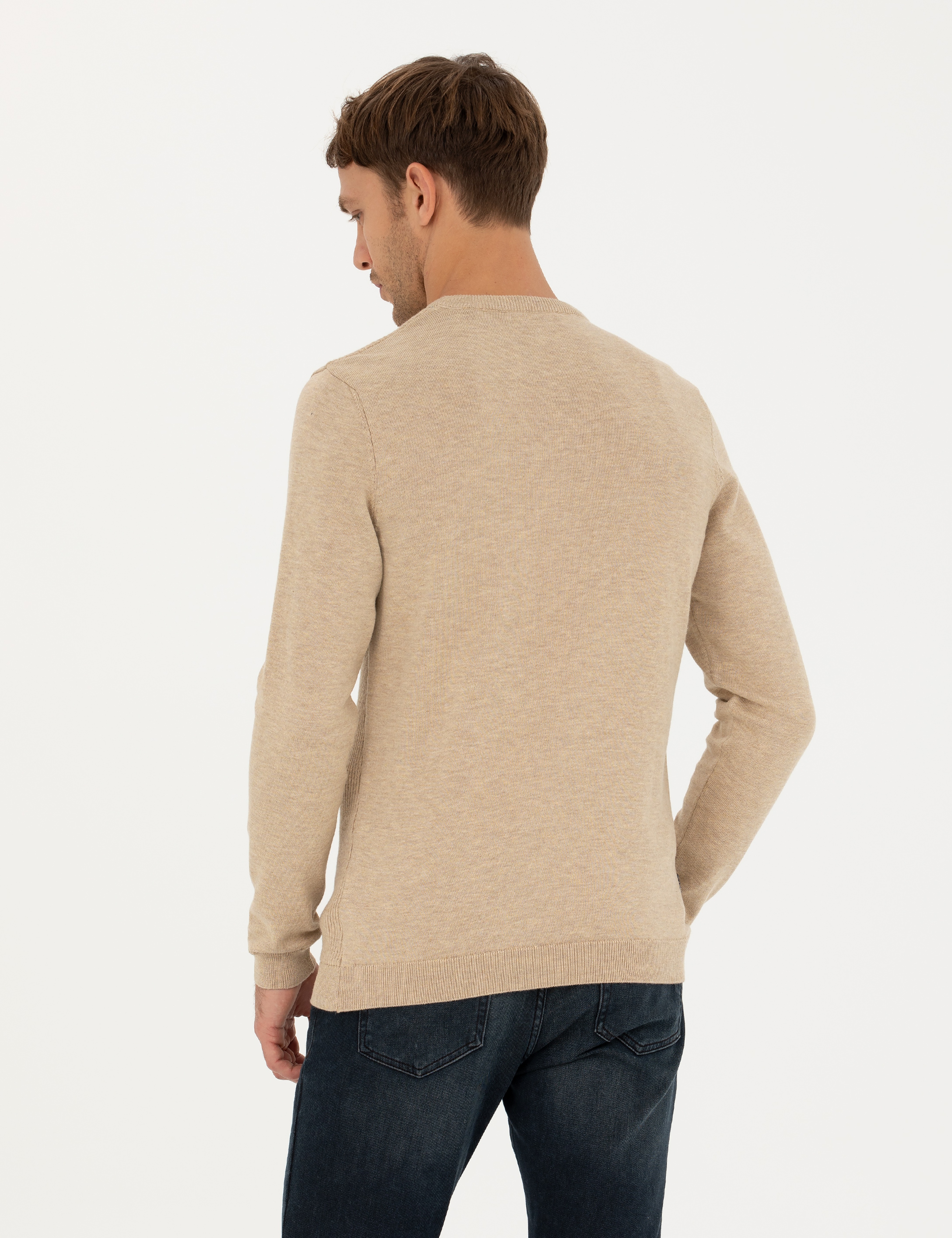 Bej Slim Fit Bisiklet Yaka Triko Kazak - Image 5
