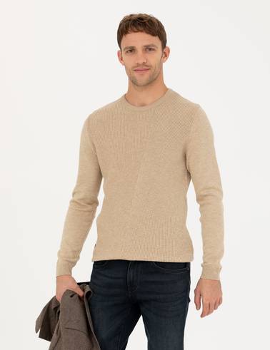 Bej Slim Fit Bisiklet Yaka Triko Kazak