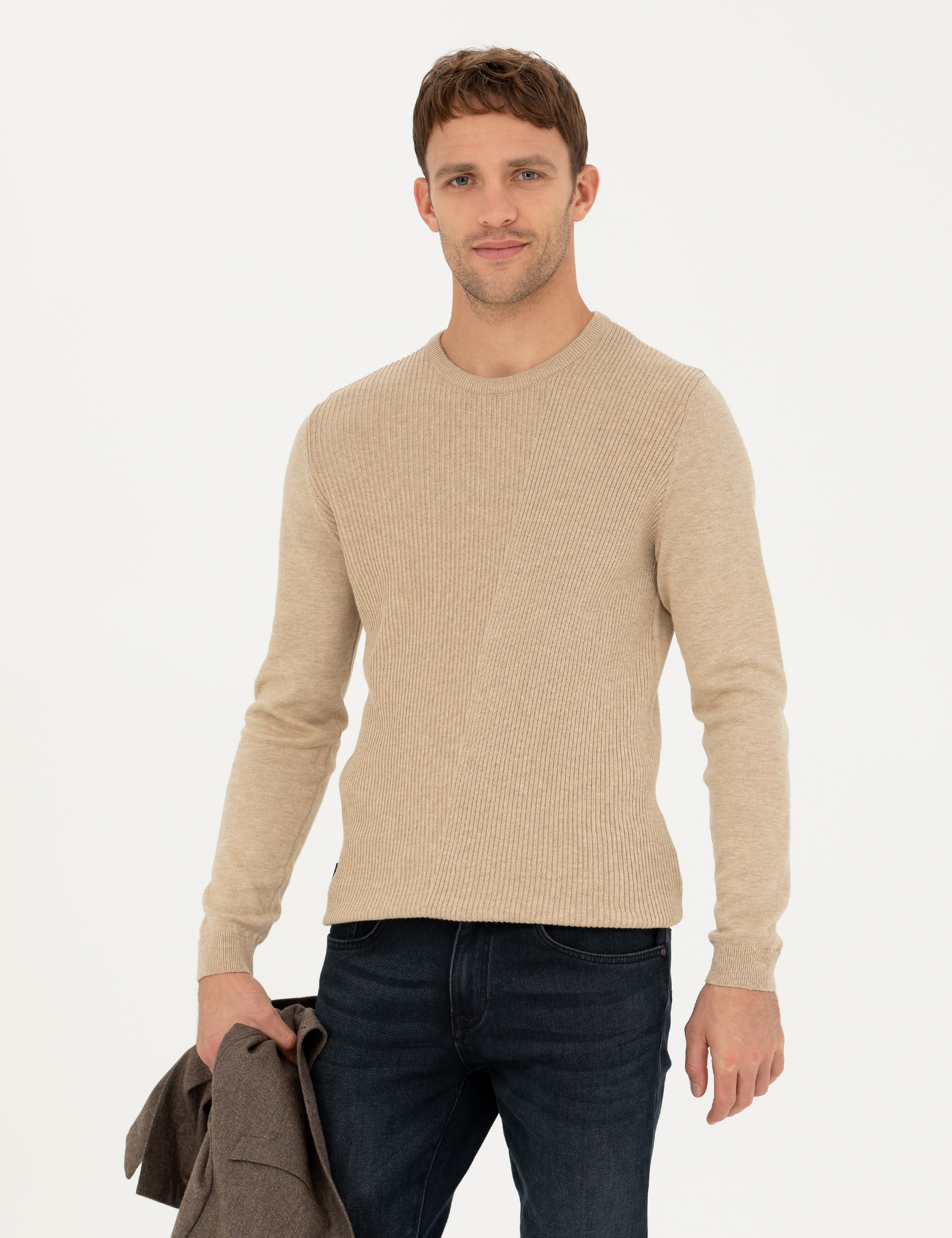 Bej Slim Fit Bisiklet Yaka Triko Kazak - Image 1
