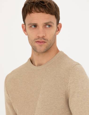 Bej Slim Fit Bisiklet Yaka Triko Kazak