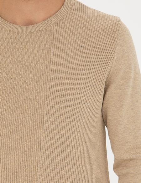 Bej Slim Fit Bisiklet Yaka Triko Kazak - 50281823016