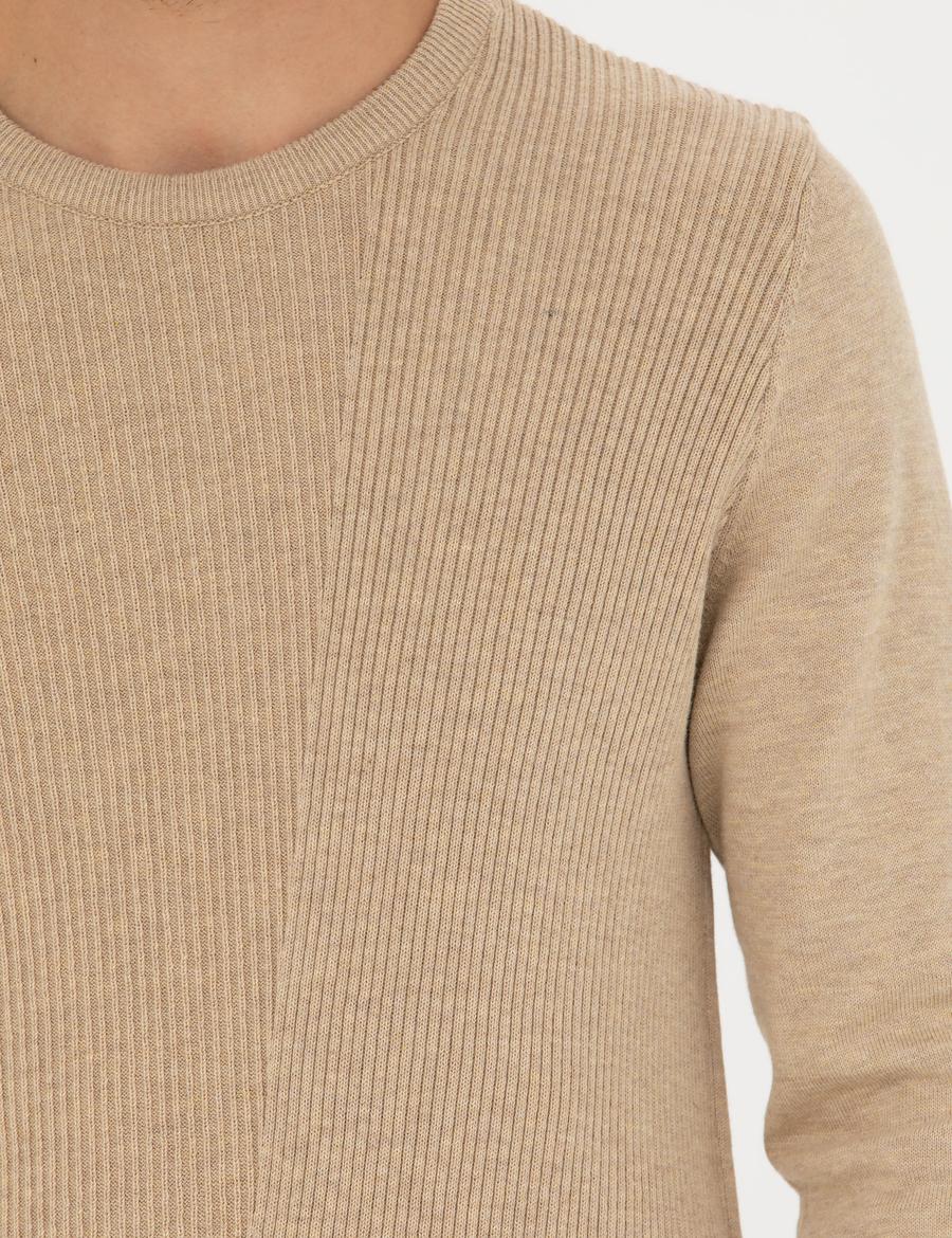 Bej Slim Fit Bisiklet Yaka Triko Kazak