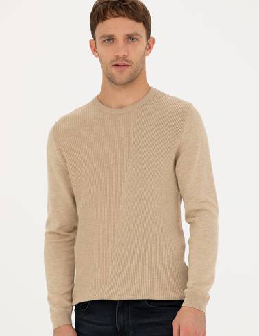 Bej Slim Fit Bisiklet Yaka Triko Kazak