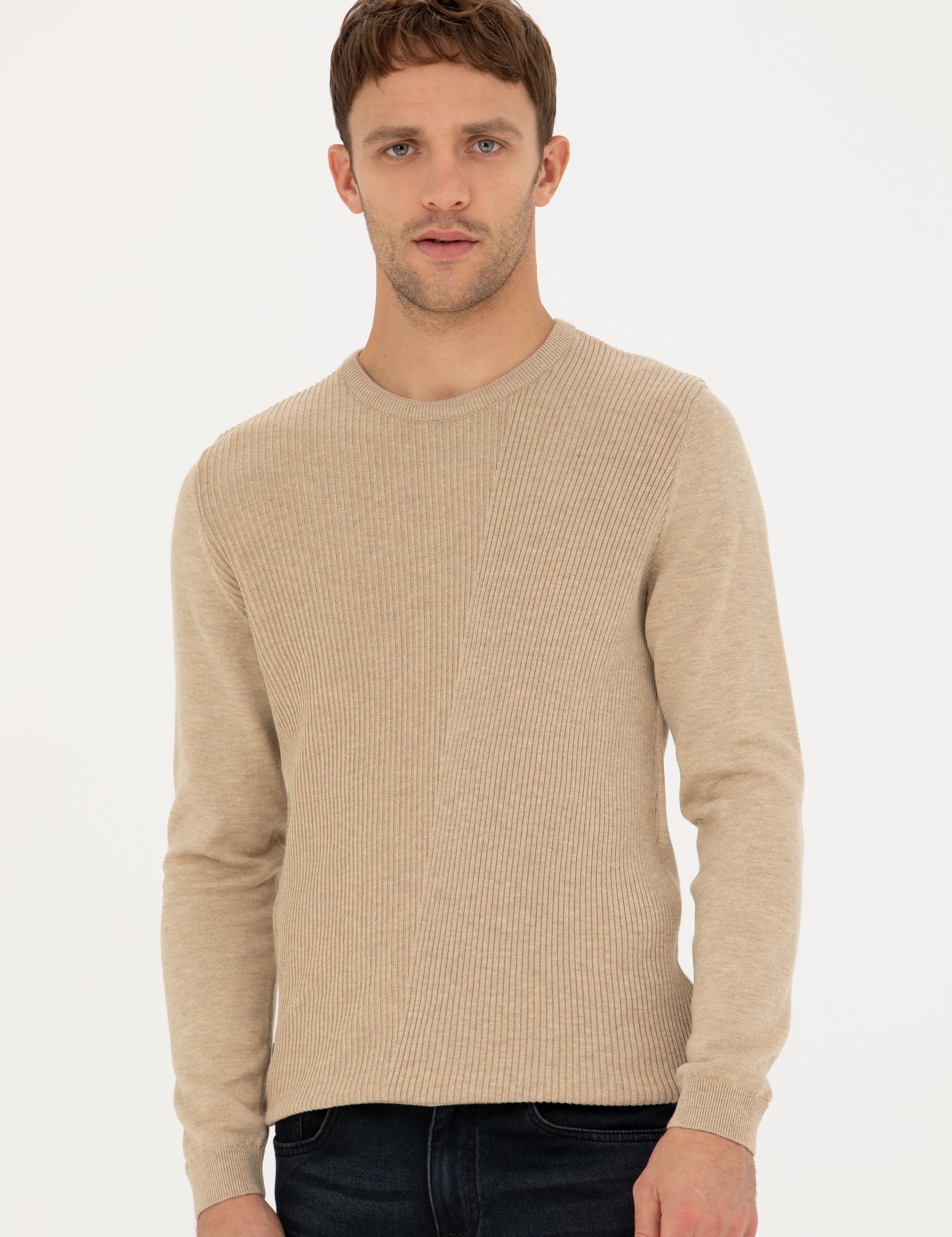 Bej Slim Fit Bisiklet Yaka Triko Kazak - Image 3