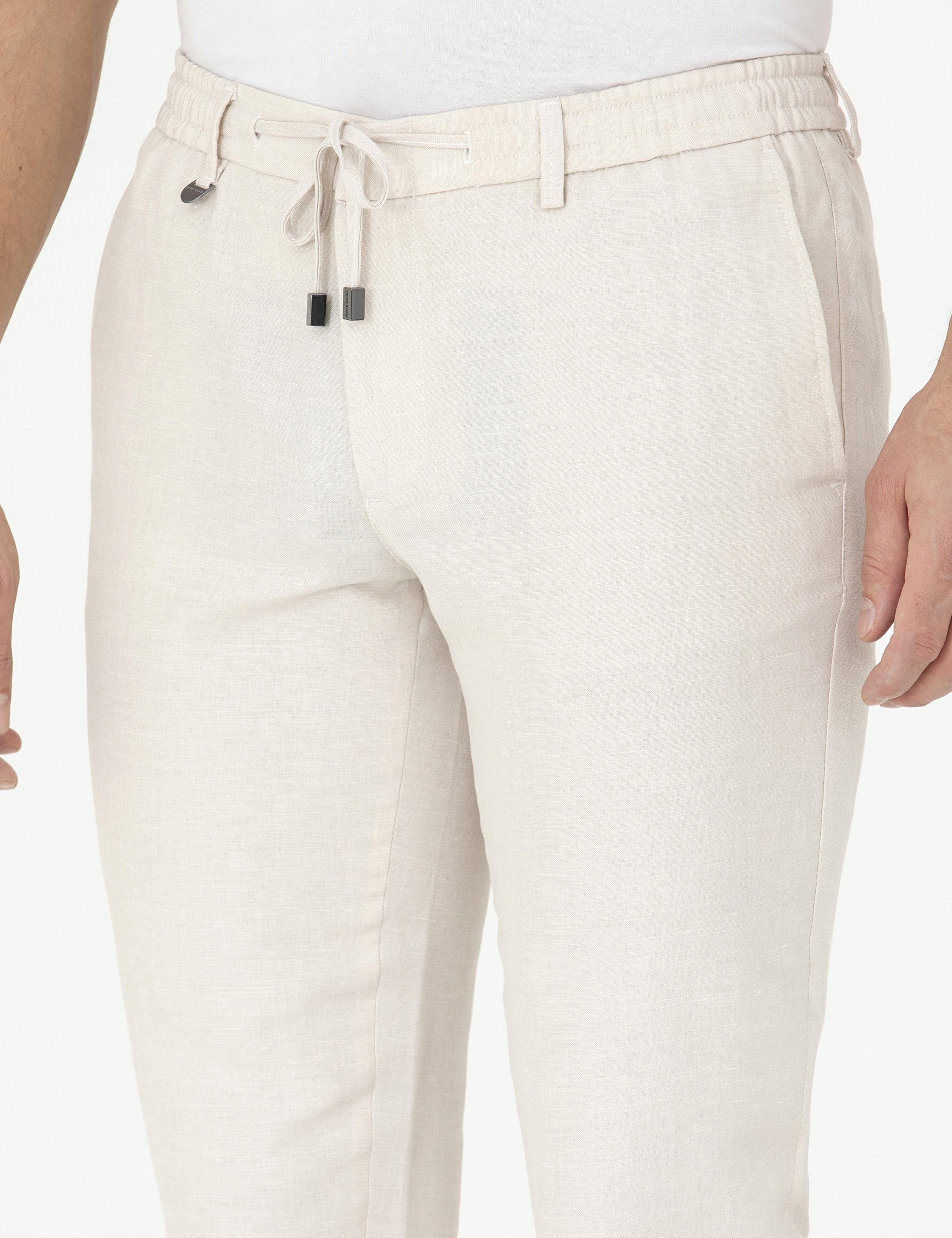 Bej Slim Fit Keten Karışımlı Pantolon