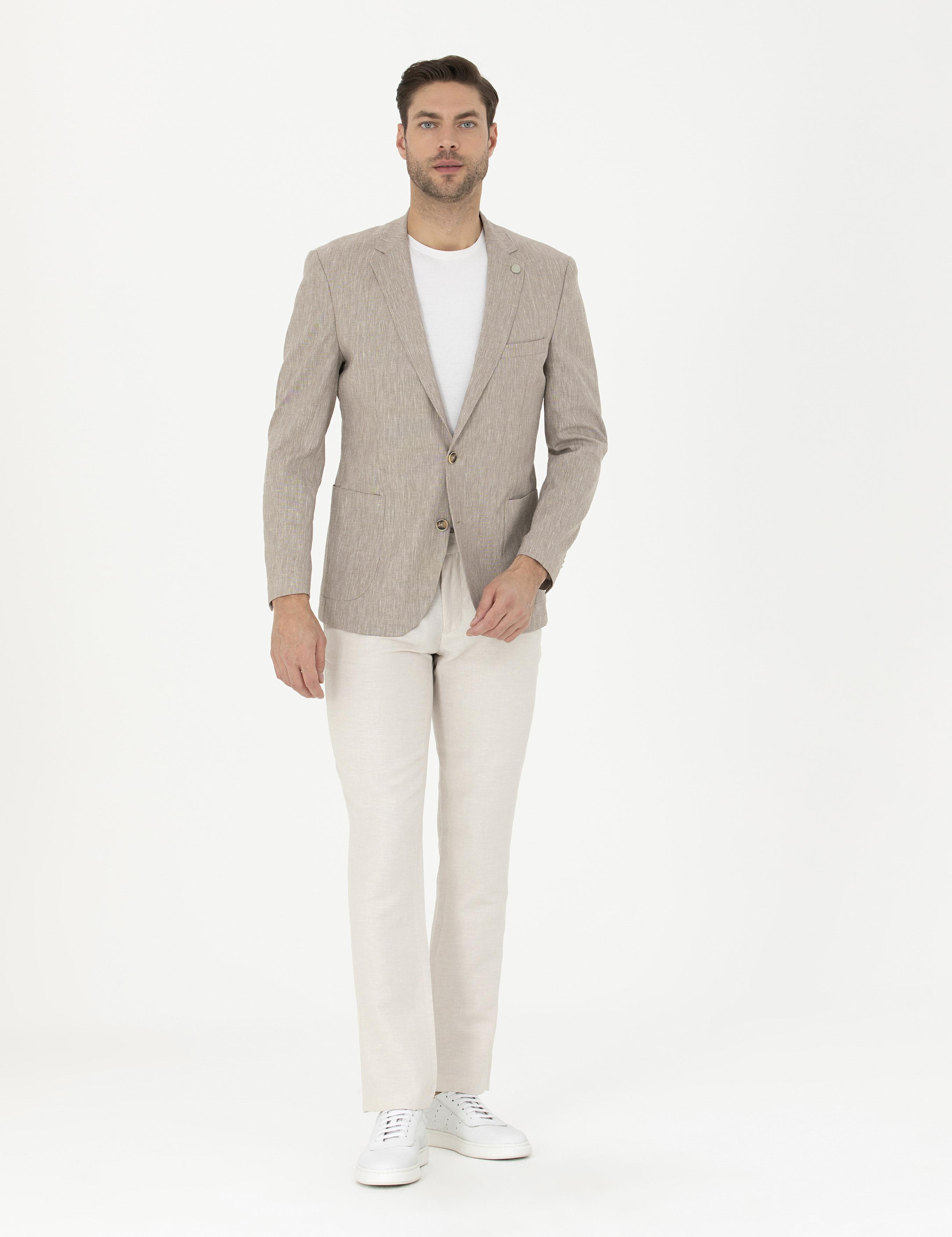 Bej Slim Fit Keten Karışımlı Pantolon