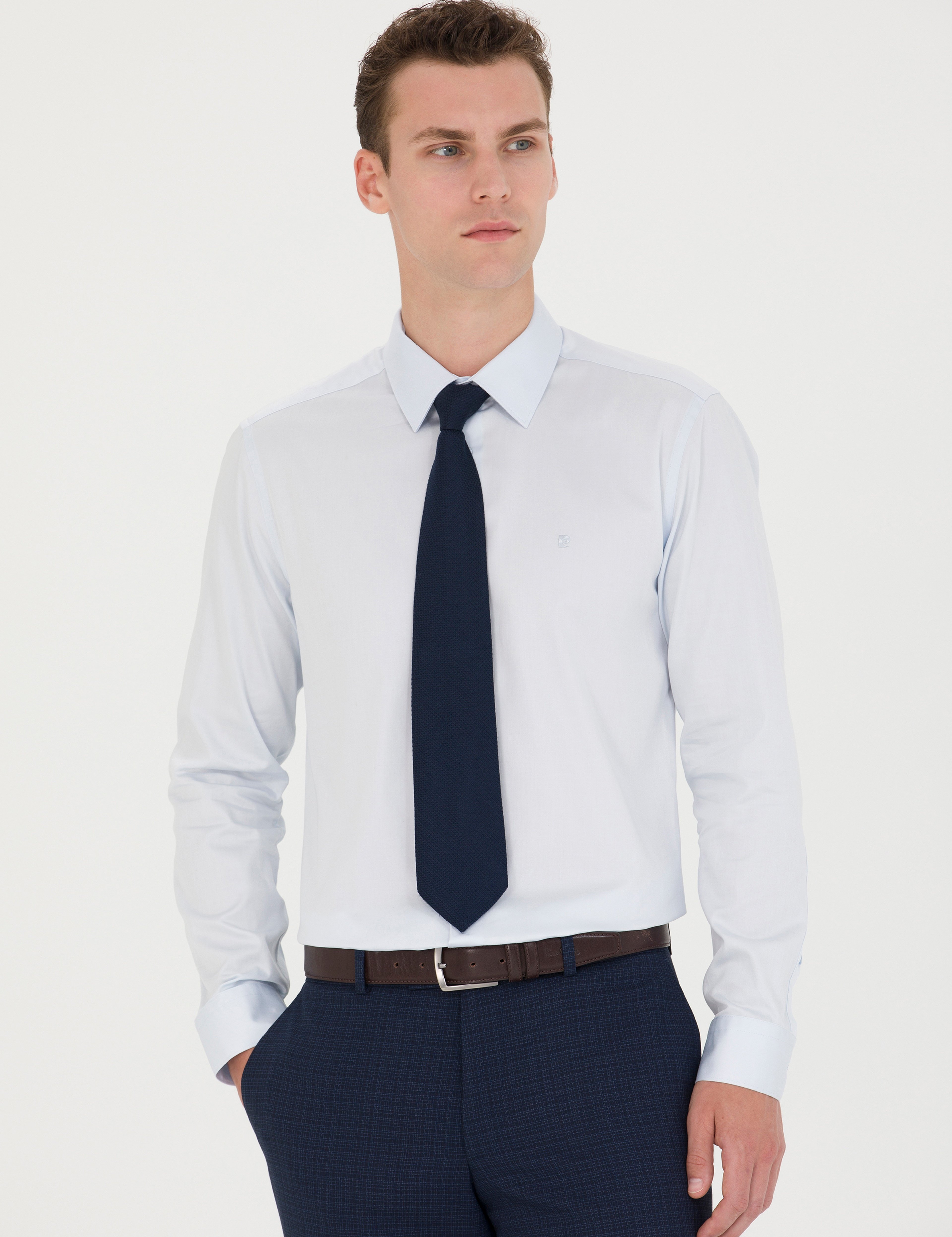 Açık Mavi Slim Fit Uzun Kollu Basic Gömlek - Image 1