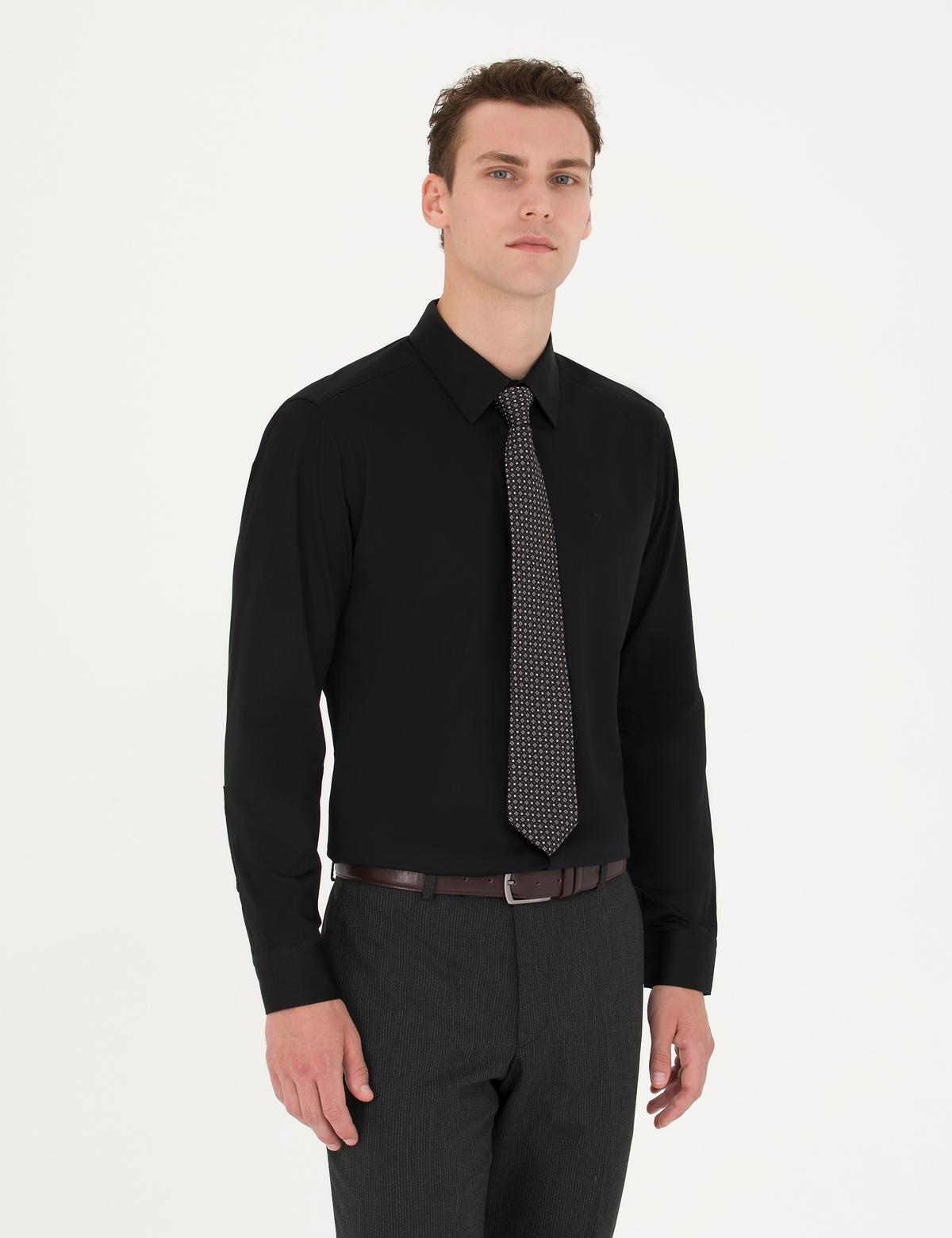 Siyah Slim Fit Uzun Kollu Basic Gömlek