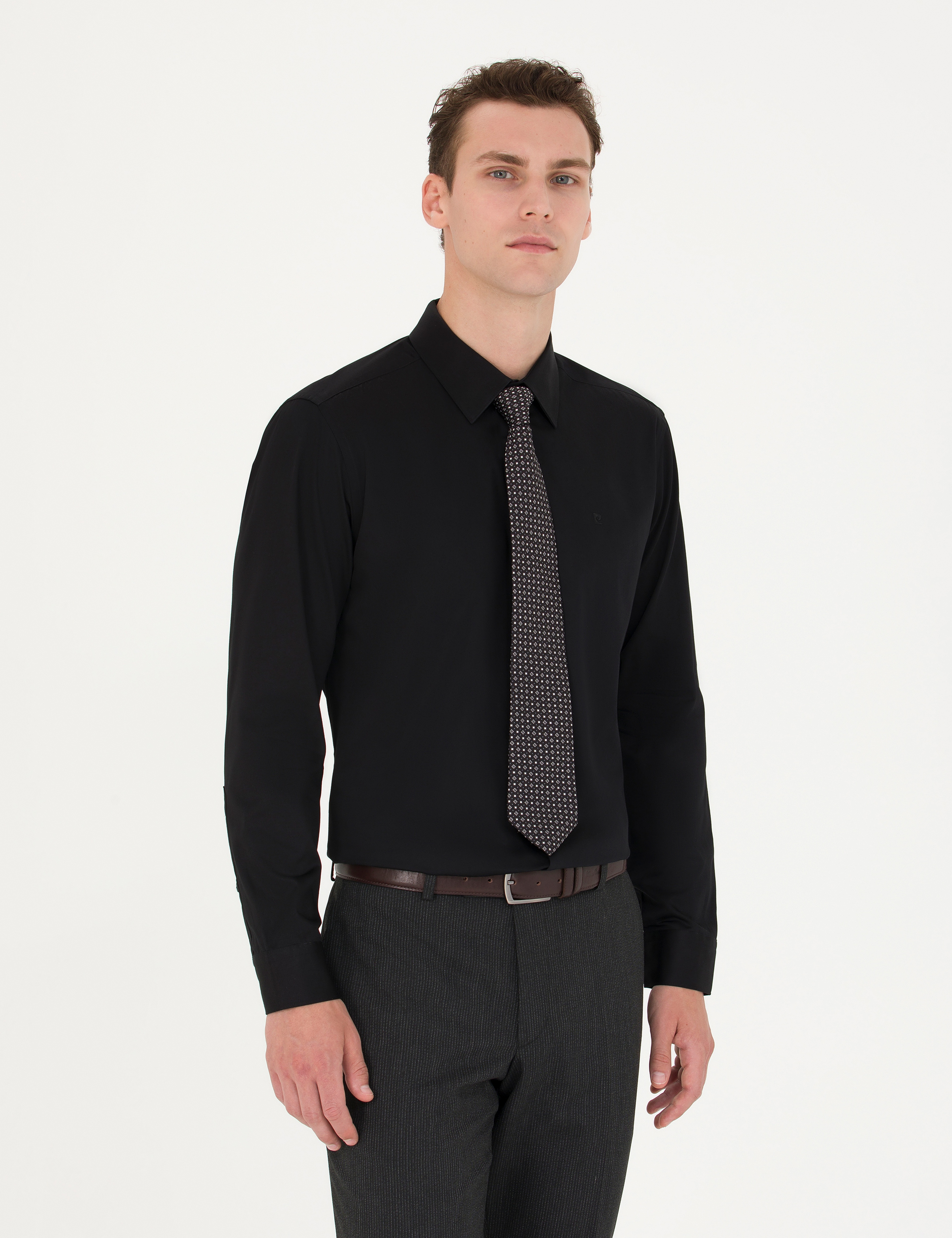 Siyah Slim Fit Uzun Kollu Basic Gömlek - Image 1