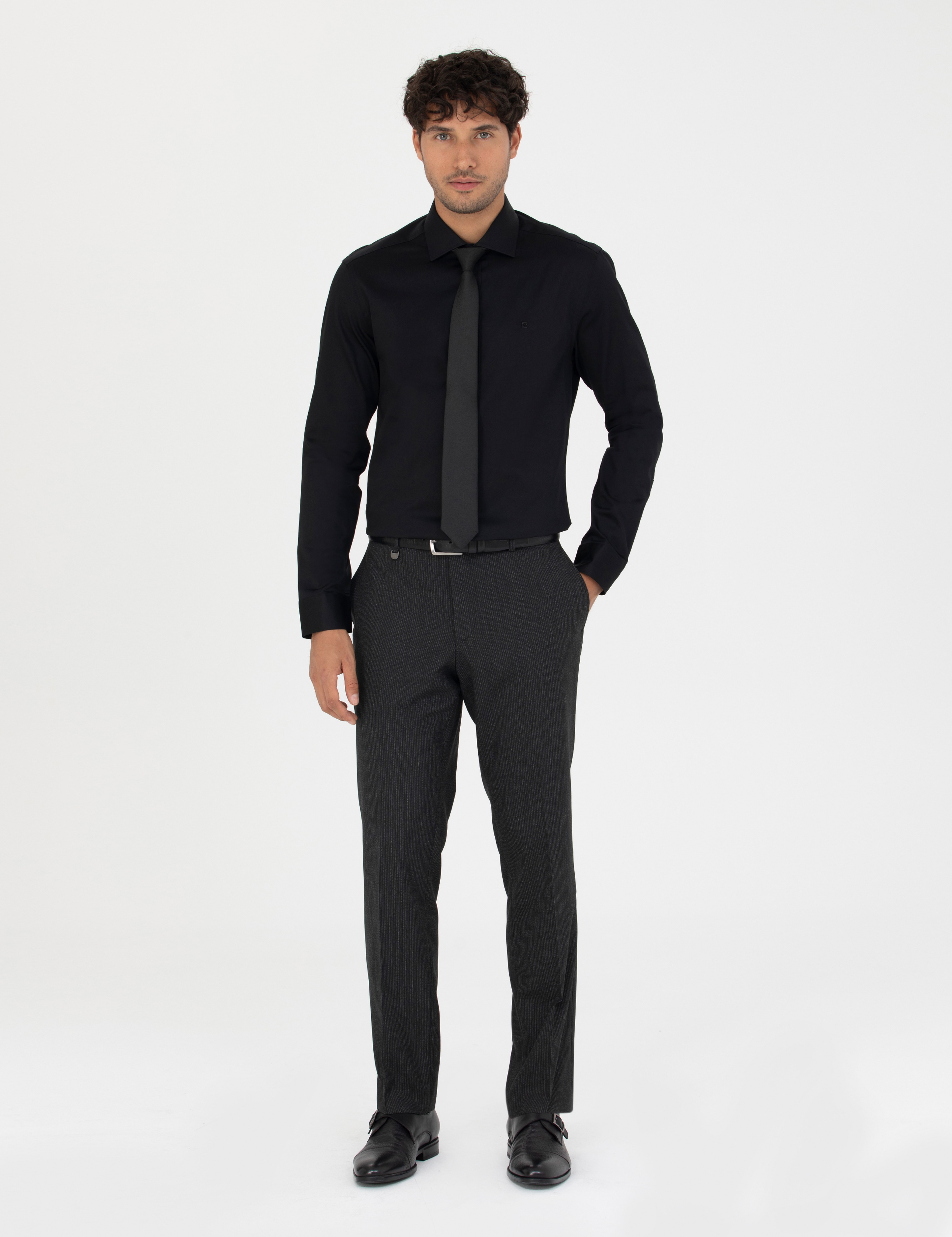 Siyah Slim Fit Uzun Kollu Gömlek - Image 4