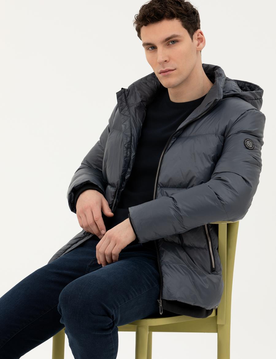 İndigo Kapüşonlu Şişme Mont