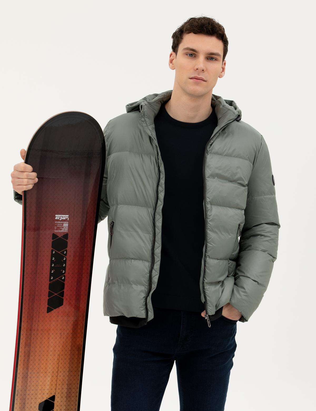 Gri Kapüşonlu Şişme Mont