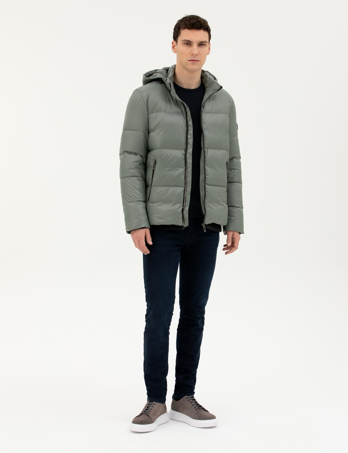 Gri Kapüşonlu Şişme Mont - 50272957072