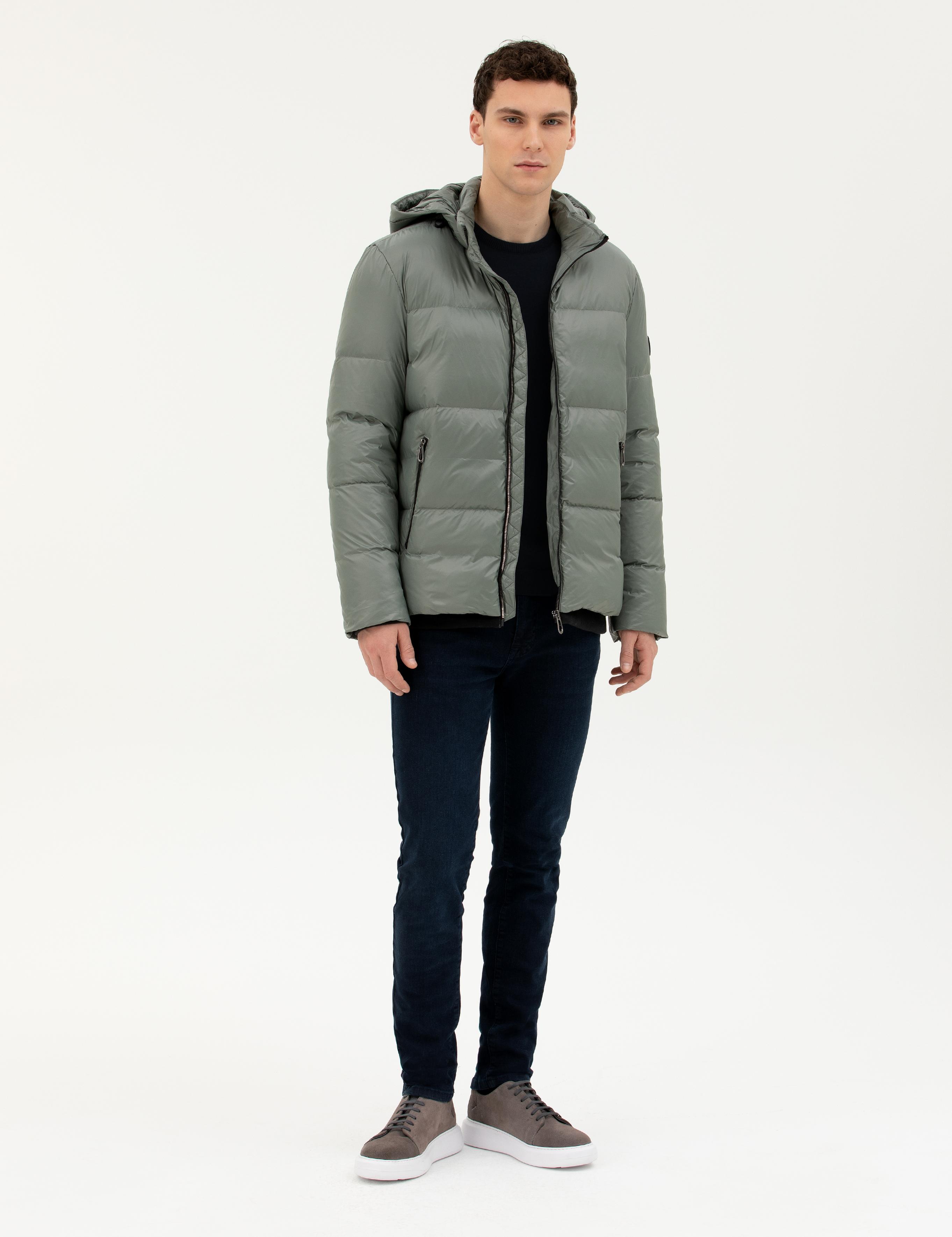 Gri Kapüşonlu Şişme Mont