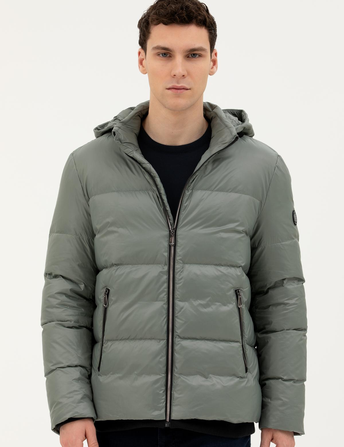 Gri Kapüşonlu Şişme Mont - 50272957072