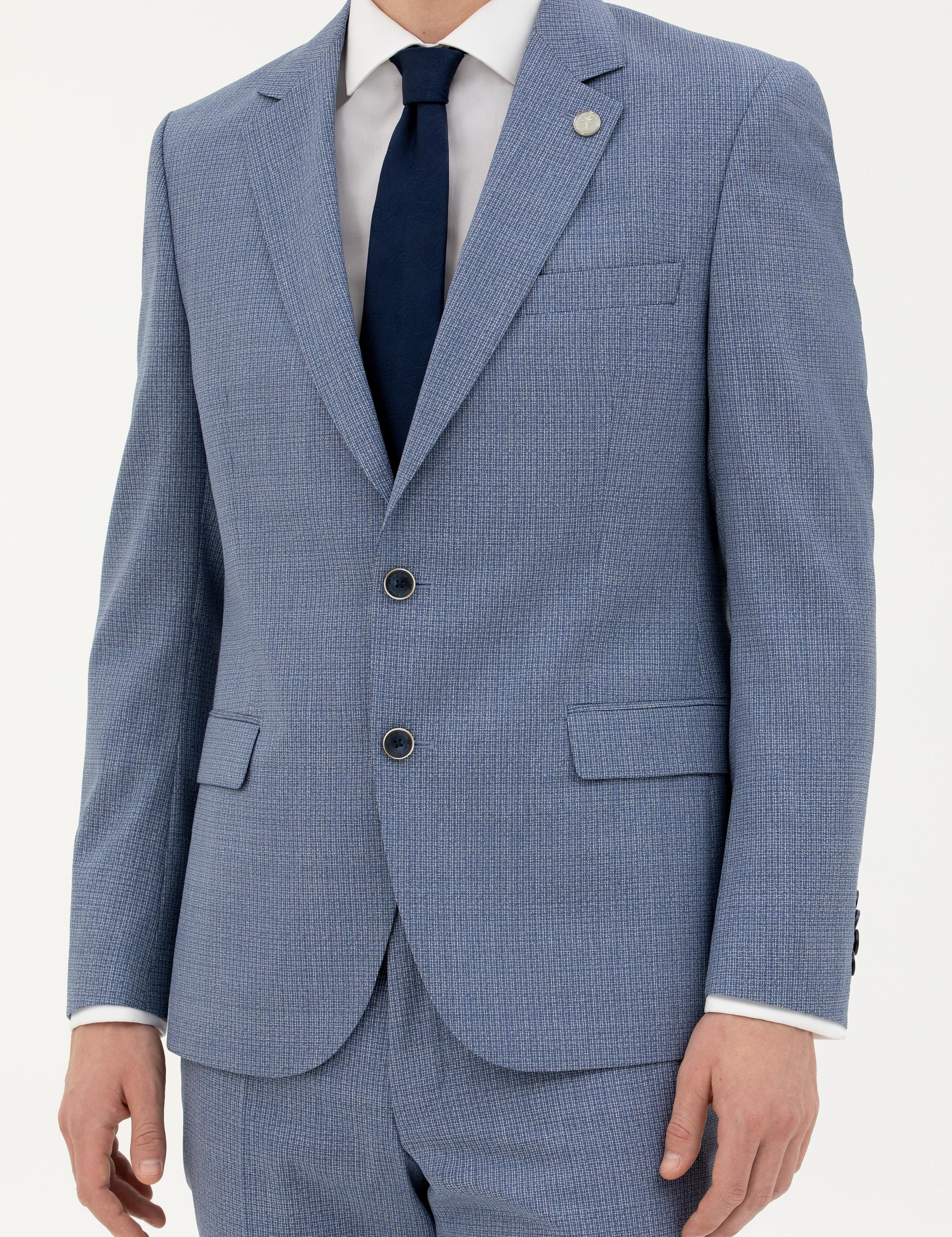 Koyu Mavi Slim Fit Yün Takım Elbise - Image 6