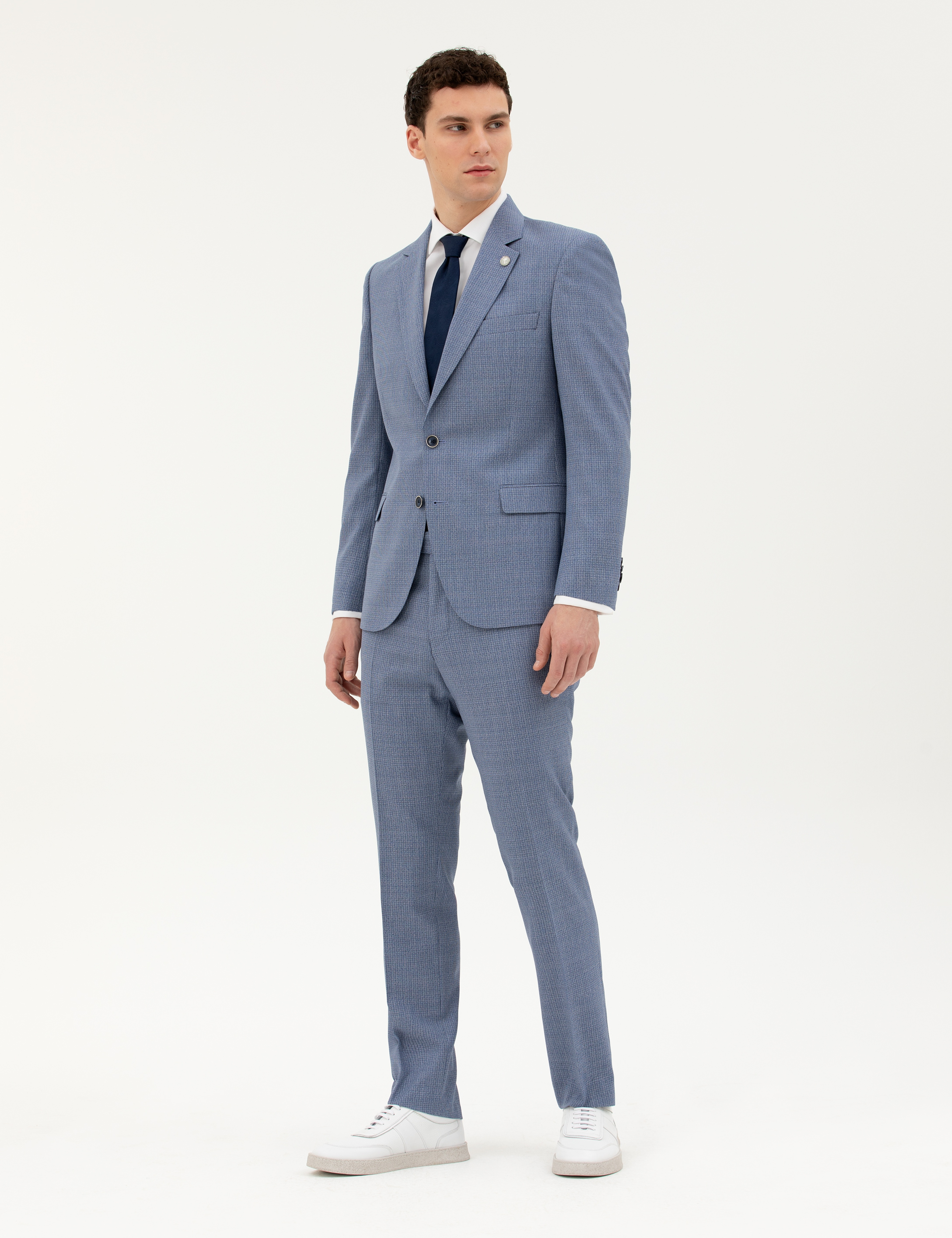 Koyu Mavi Slim Fit Yün Takım Elbise - Image 4