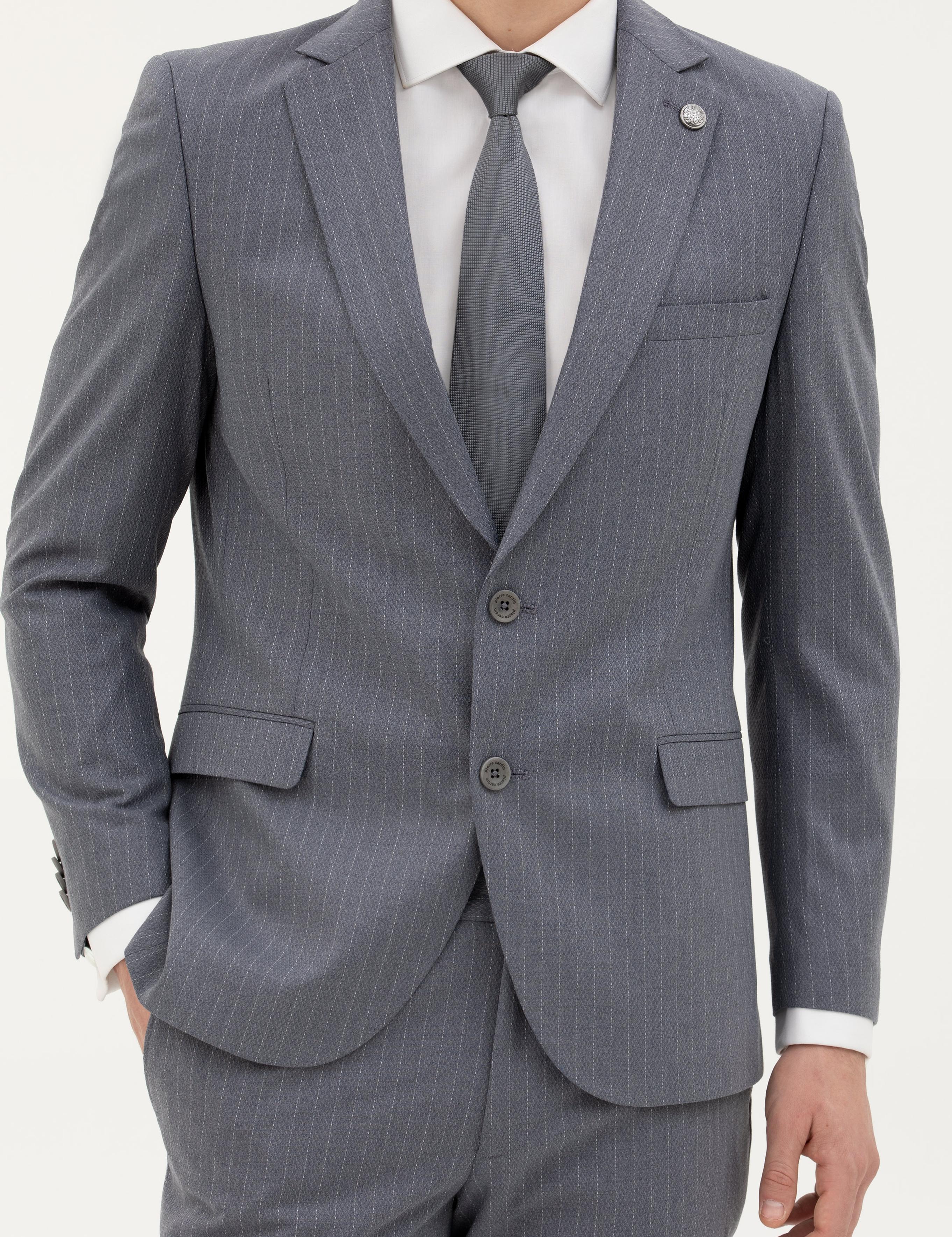 Koyu Mavi Ex. Slim Fit Çizgili Takım Elbise